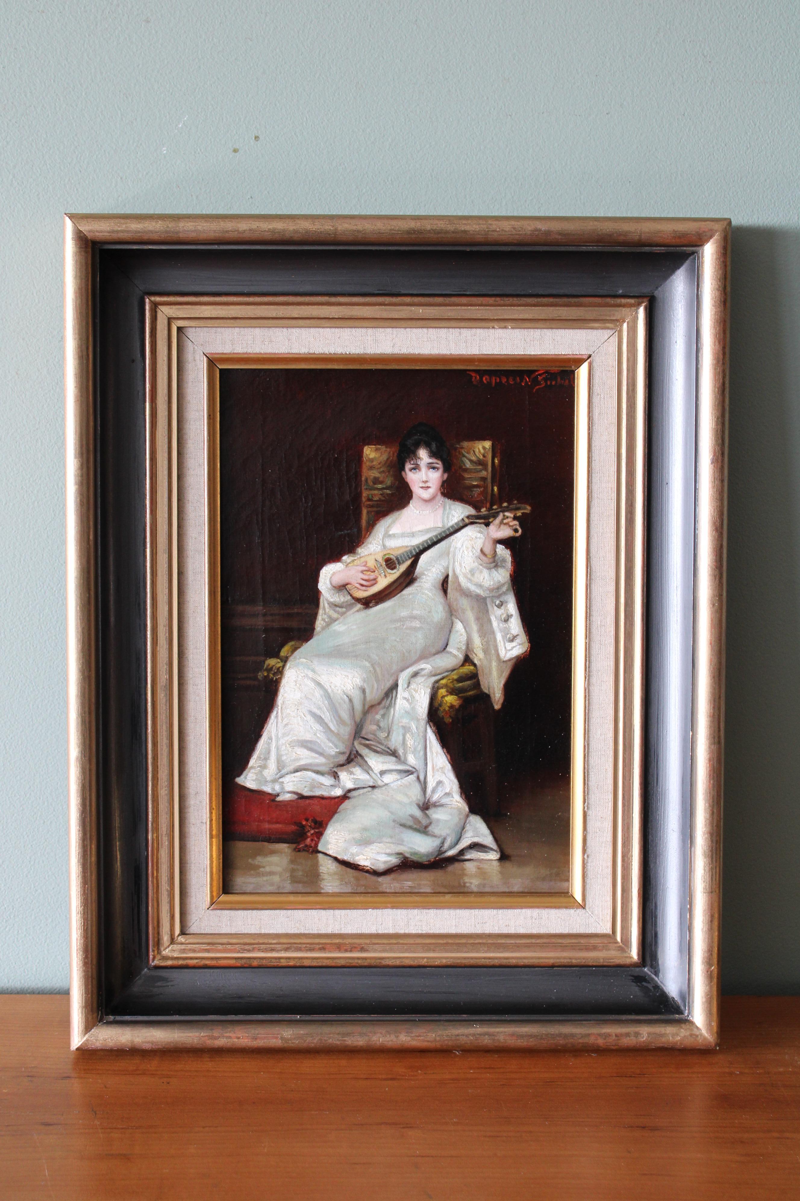 Ancienne peinture à l'huile de portrait féminin 1800 femme jouant de la mandoline - École française Painting par Unknown