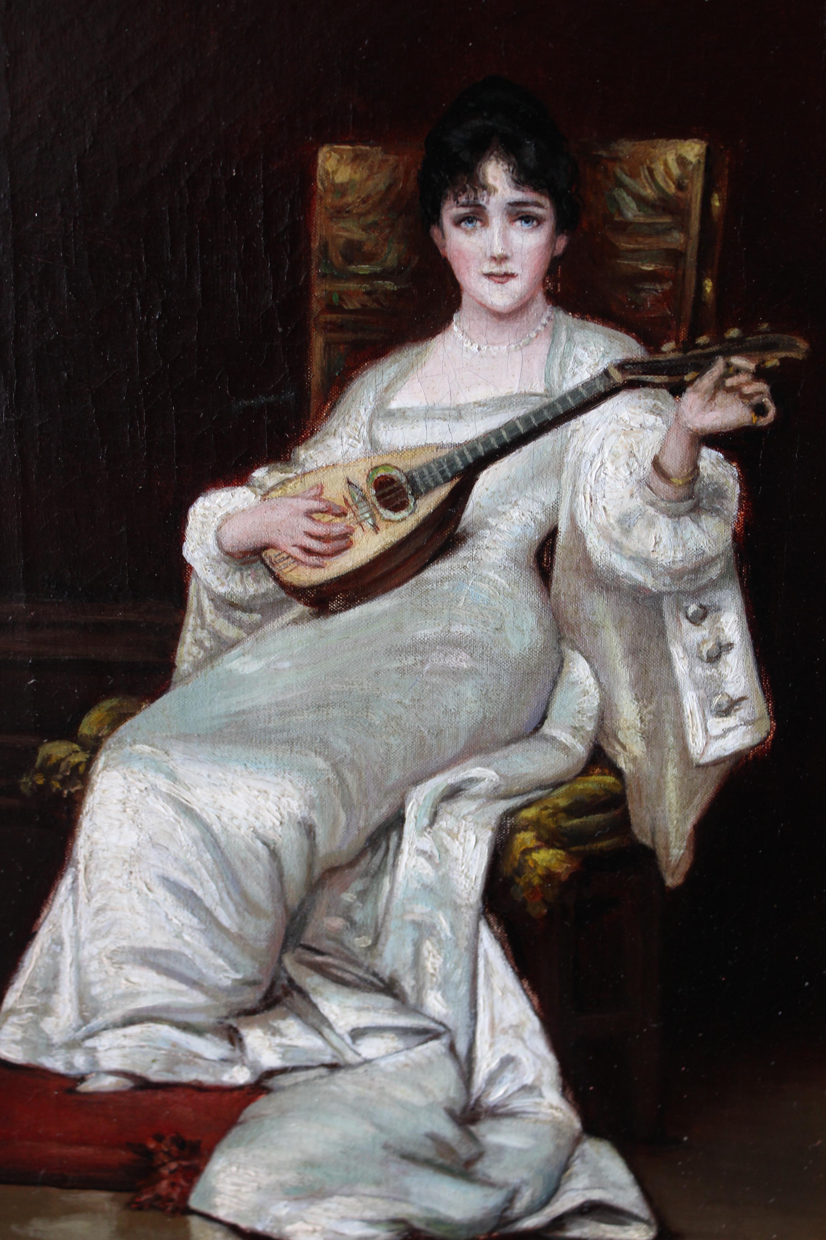 Ancienne peinture à l'huile de portrait féminin 1800 femme jouant de la mandoline - Marron Figurative Painting par Unknown