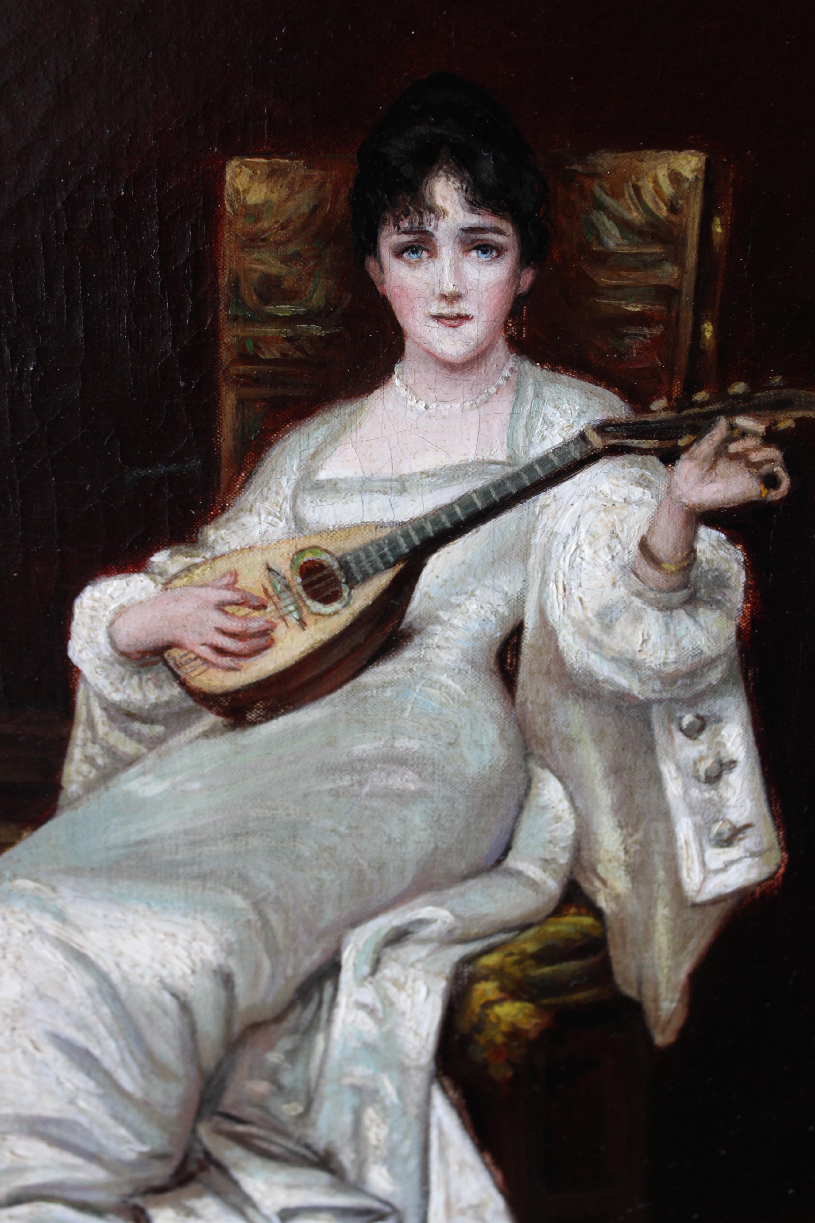 Portrait ancien peinture à l'huile Huile figurative originale sur toile des années 1800 représentant une femme jouant de la mandoline ou d'un instrument de musique portrait féminin.

Il s'agit d'une étonnante, atmosphérique et rare peinture à