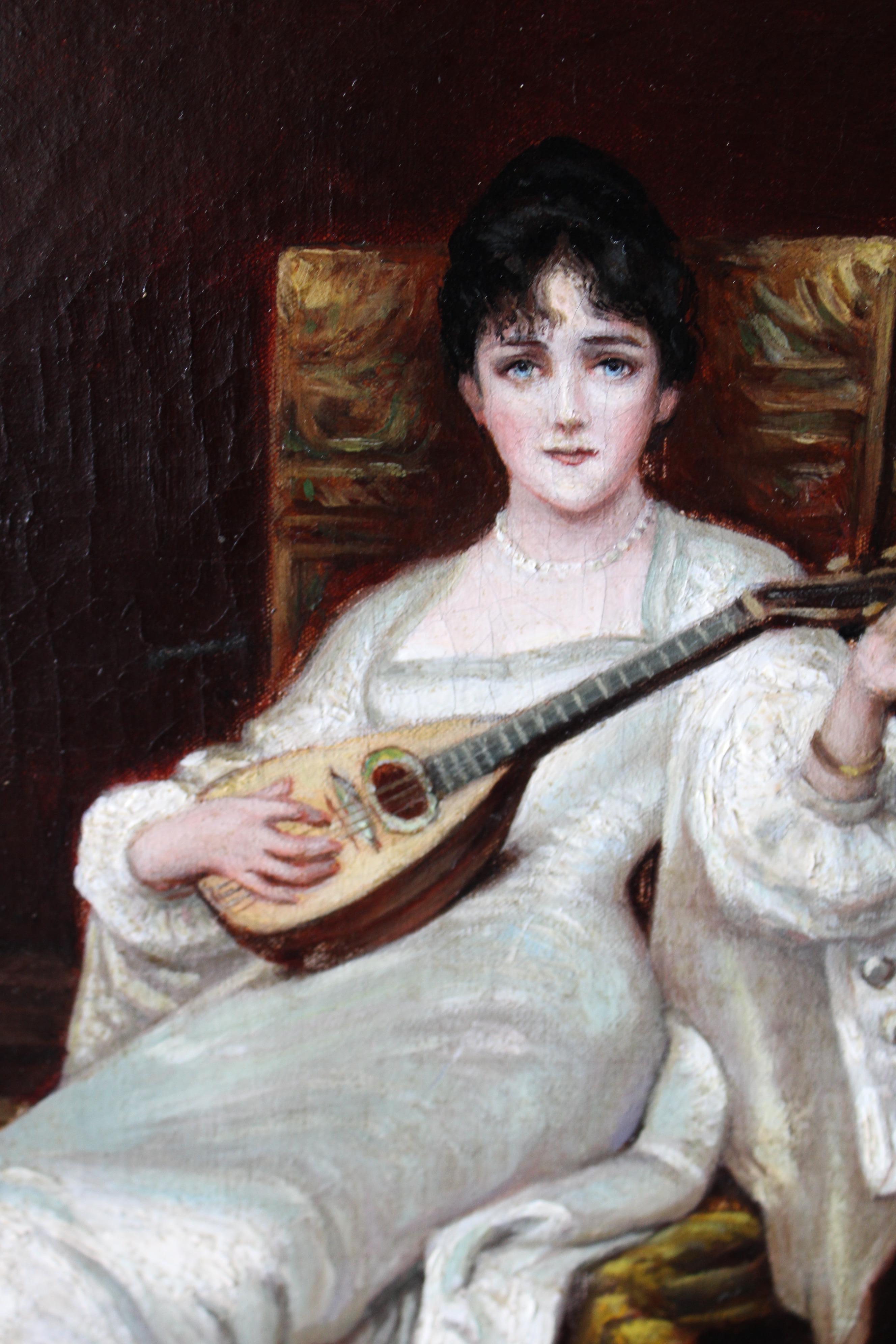 Ancienne peinture à l'huile de portrait féminin 1800 femme jouant de la mandoline en vente 1
