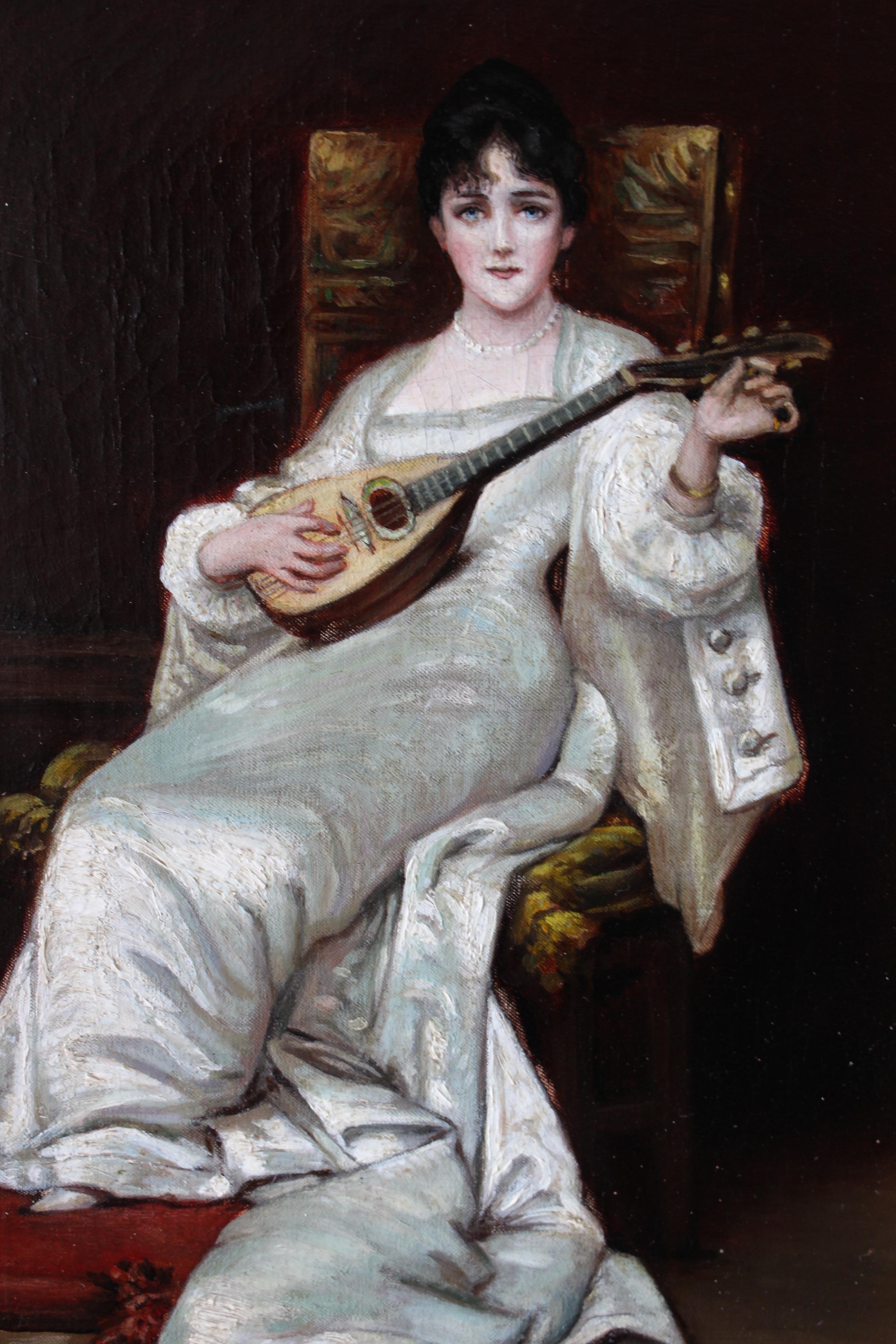 Ancienne peinture à l'huile de portrait féminin 1800 femme jouant de la mandoline en vente 2