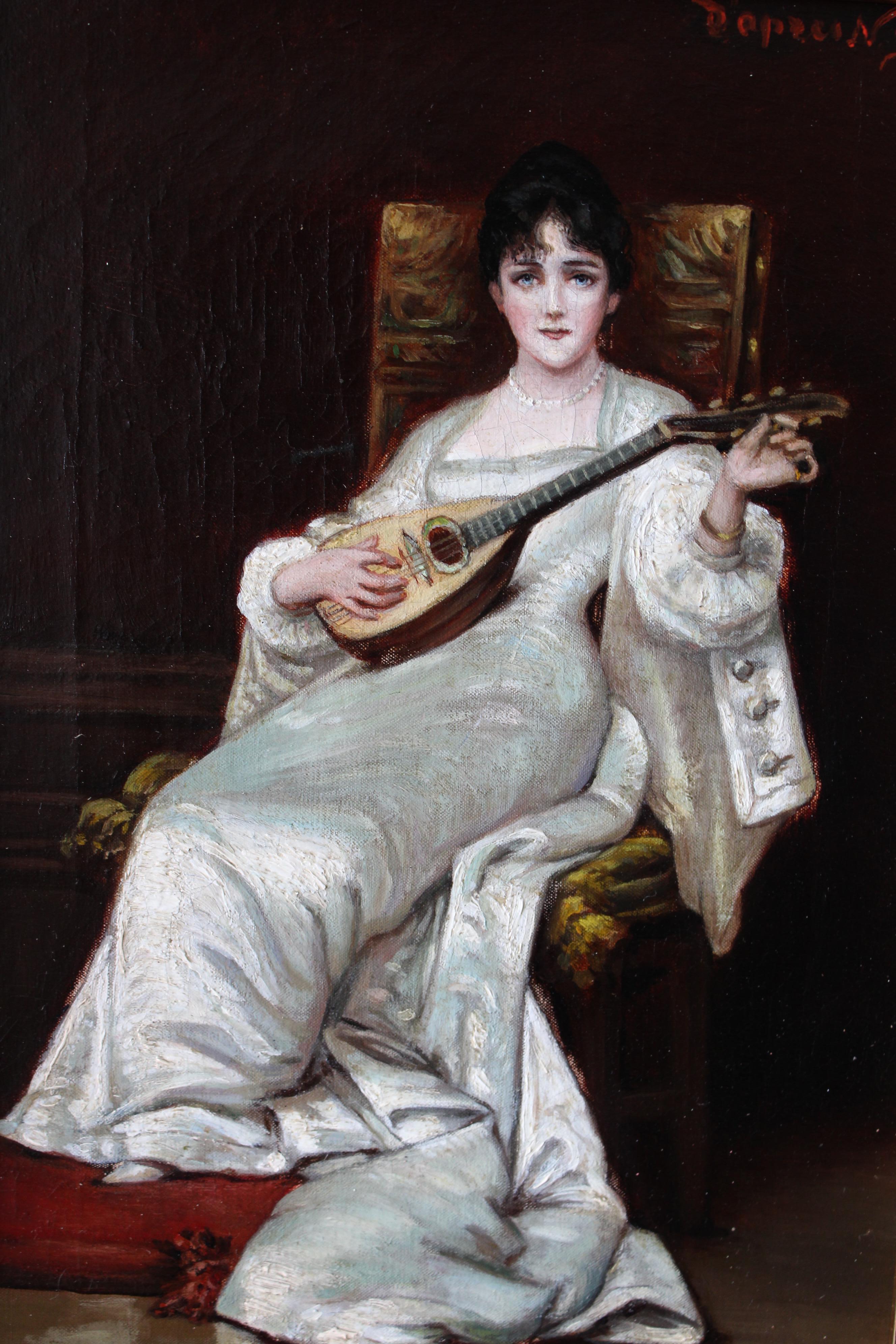 Ancienne peinture à l'huile de portrait féminin 1800 femme jouant de la mandoline en vente 3