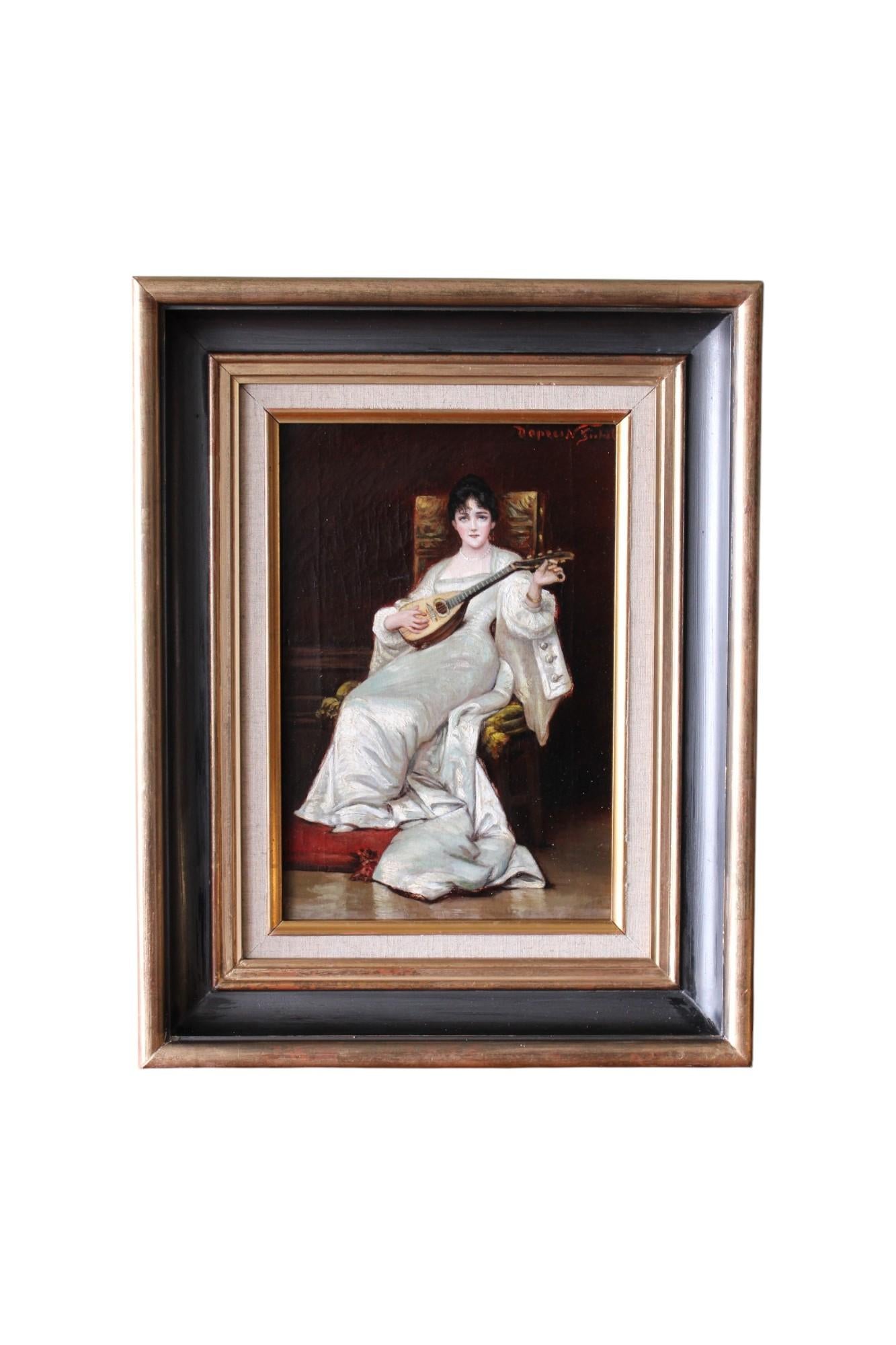 Antique French Ritratto femminile dipinto ad olio del 1800 Donna che suona il mandolino