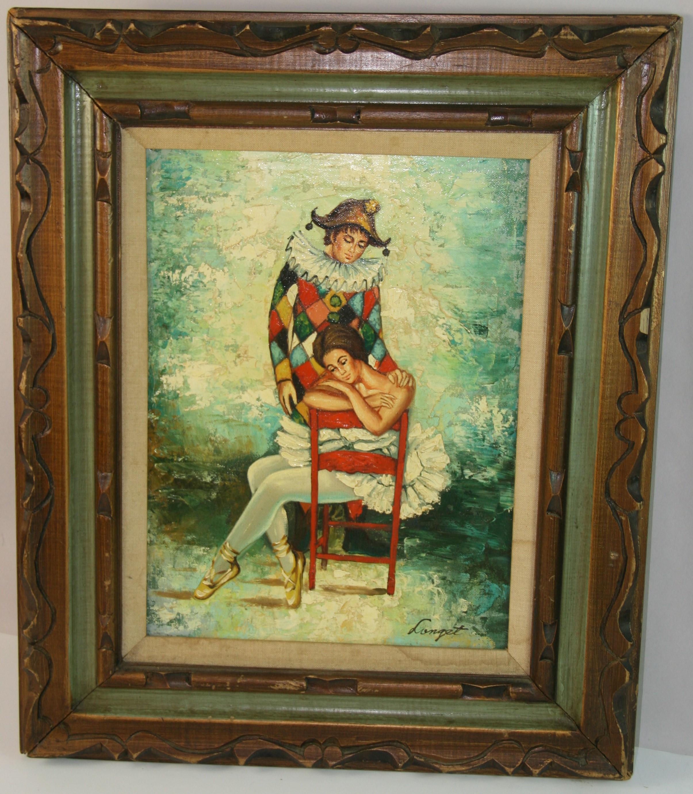 Antique French Arlecchino e ballerina in riposo dipinto a olio da Longet - Painting di Unknown