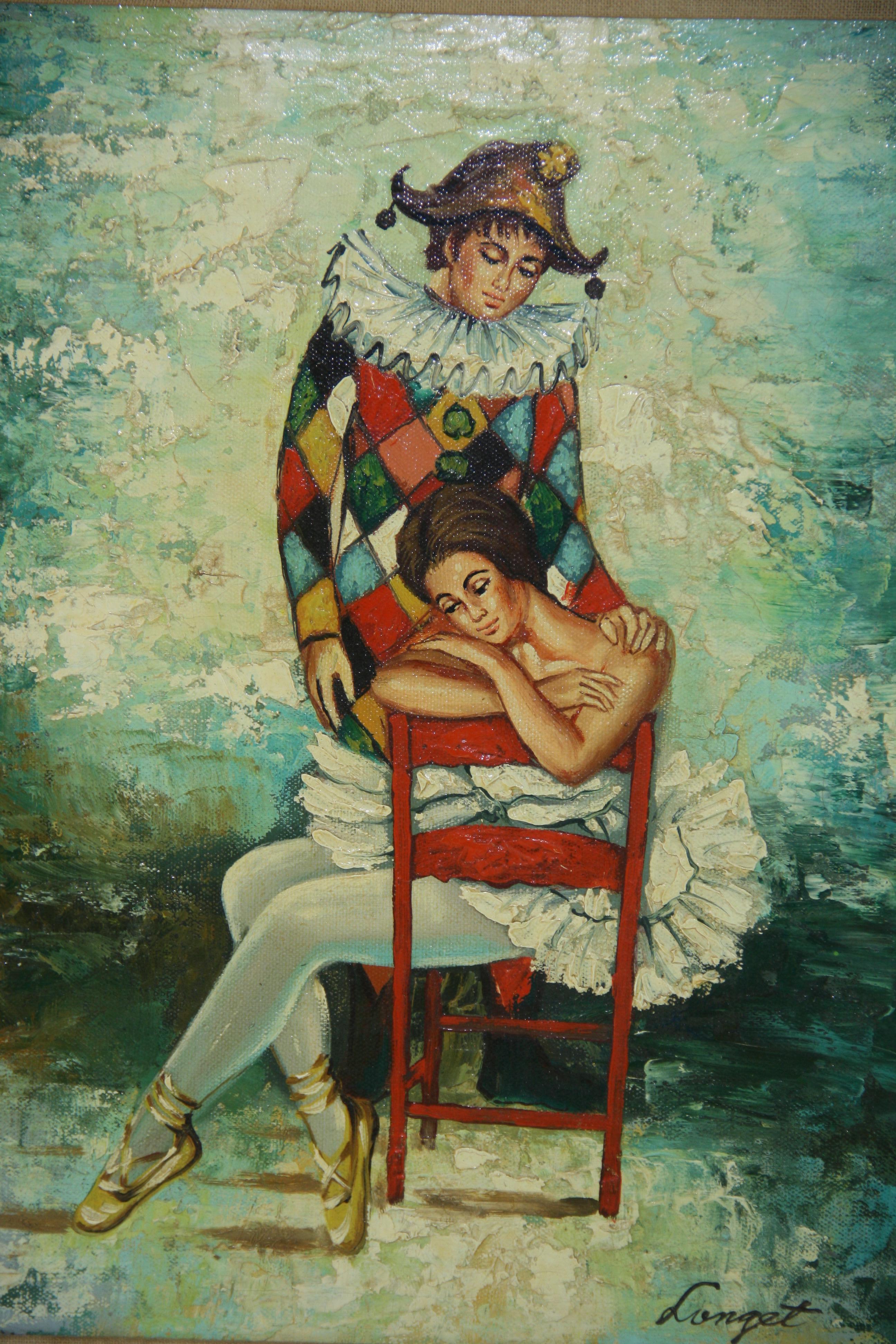 Antique French Arlecchino e ballerina in riposo dipinto a olio da Longet - Figurative Painting Marrone di Unknown