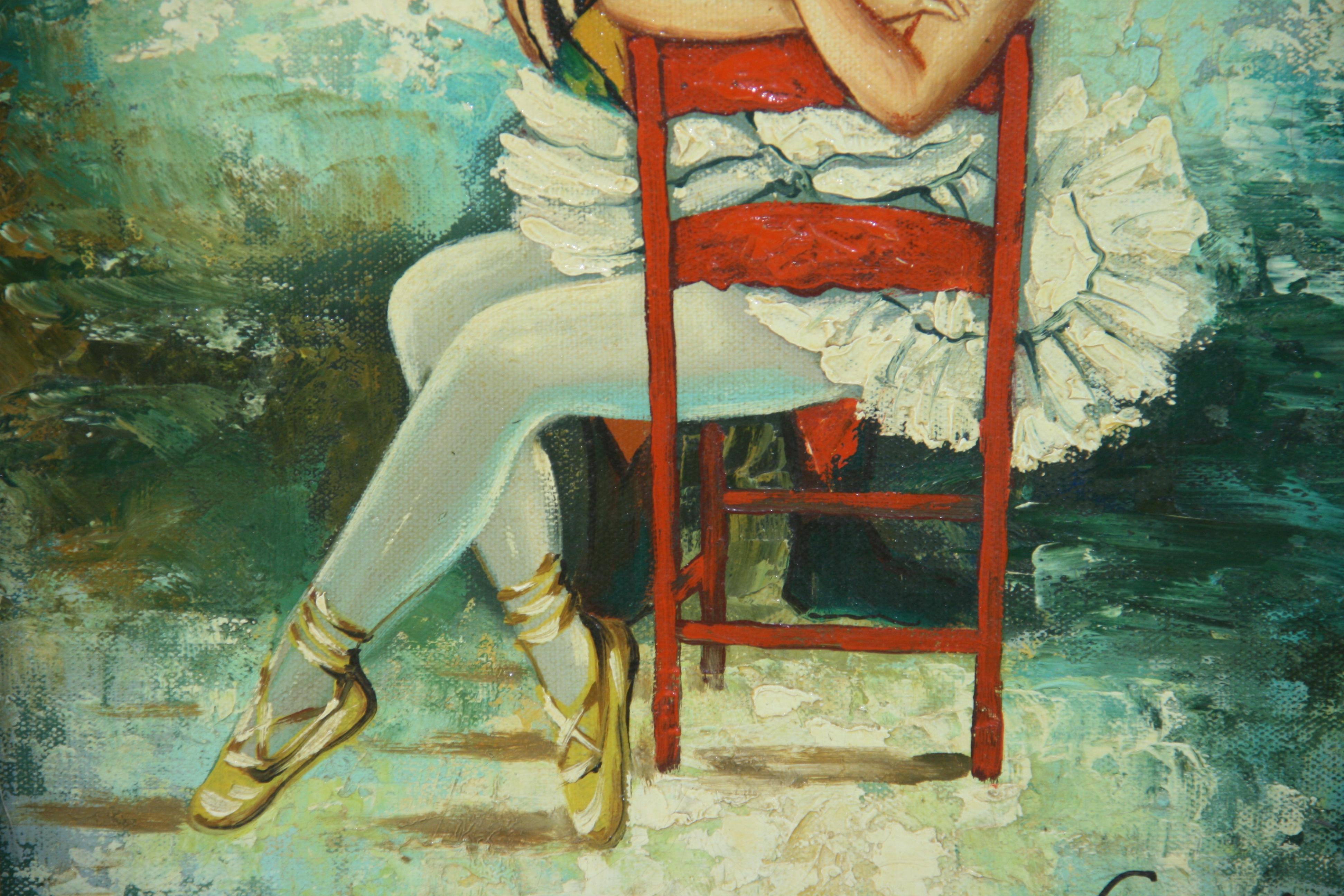 Antique French Arlecchino e ballerina in riposo dipinto a olio da Longet 1