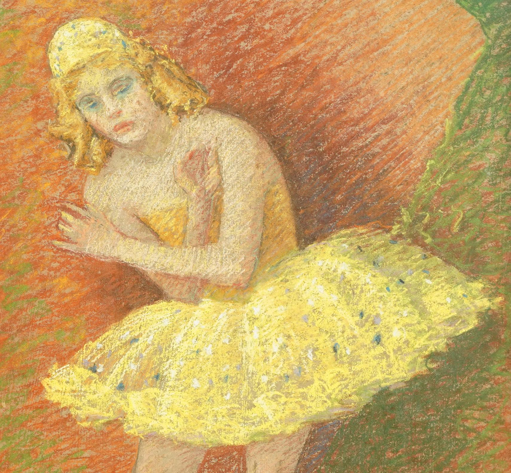 Striking early American school pastel of a ballet dancer. Signed lower right. Pastel on paper. 26 x 18 inches. Housed in its original carved and painted frame.