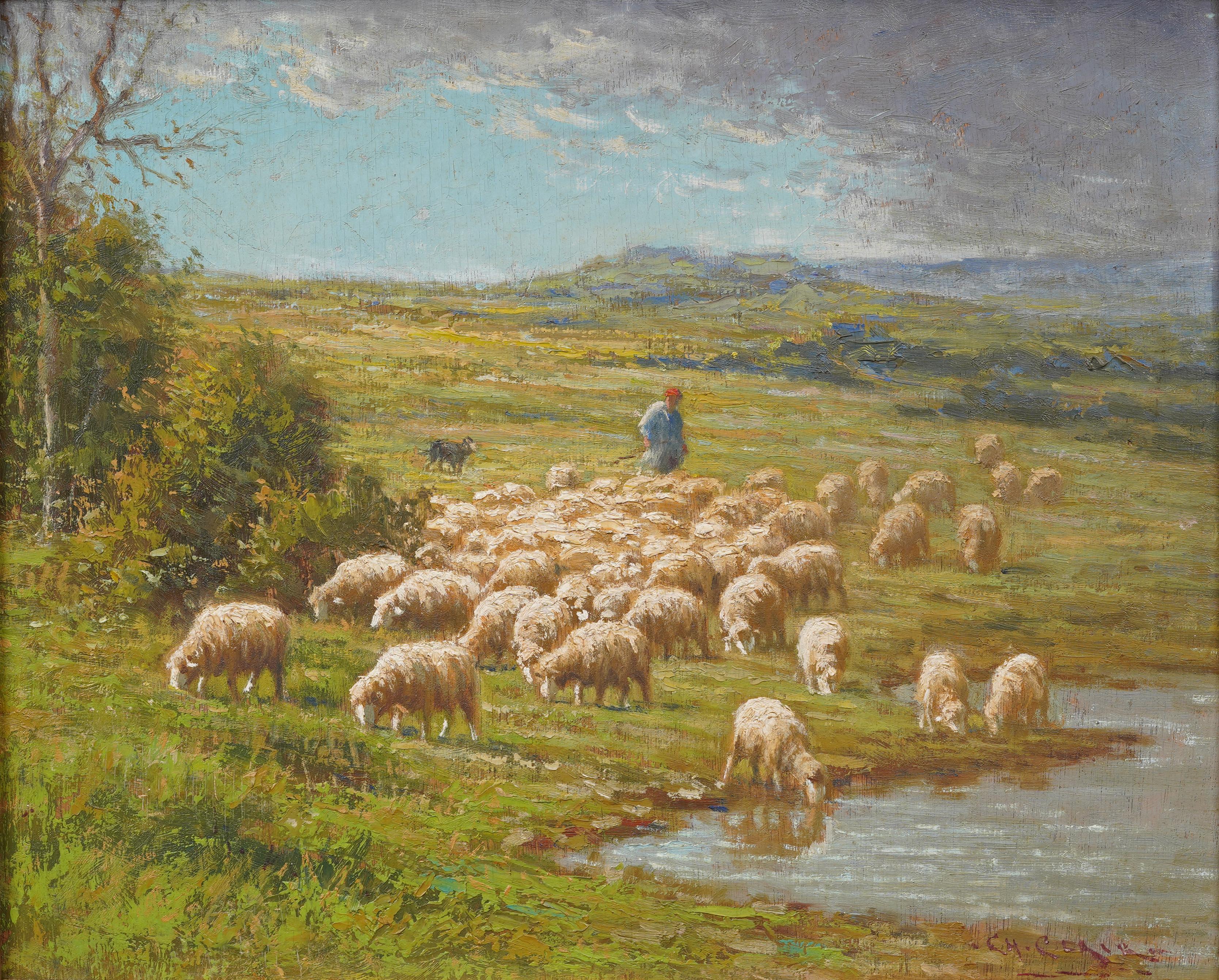 Antique French Impressionist Barbizon School Sheep Grazing Landscape Painting 1