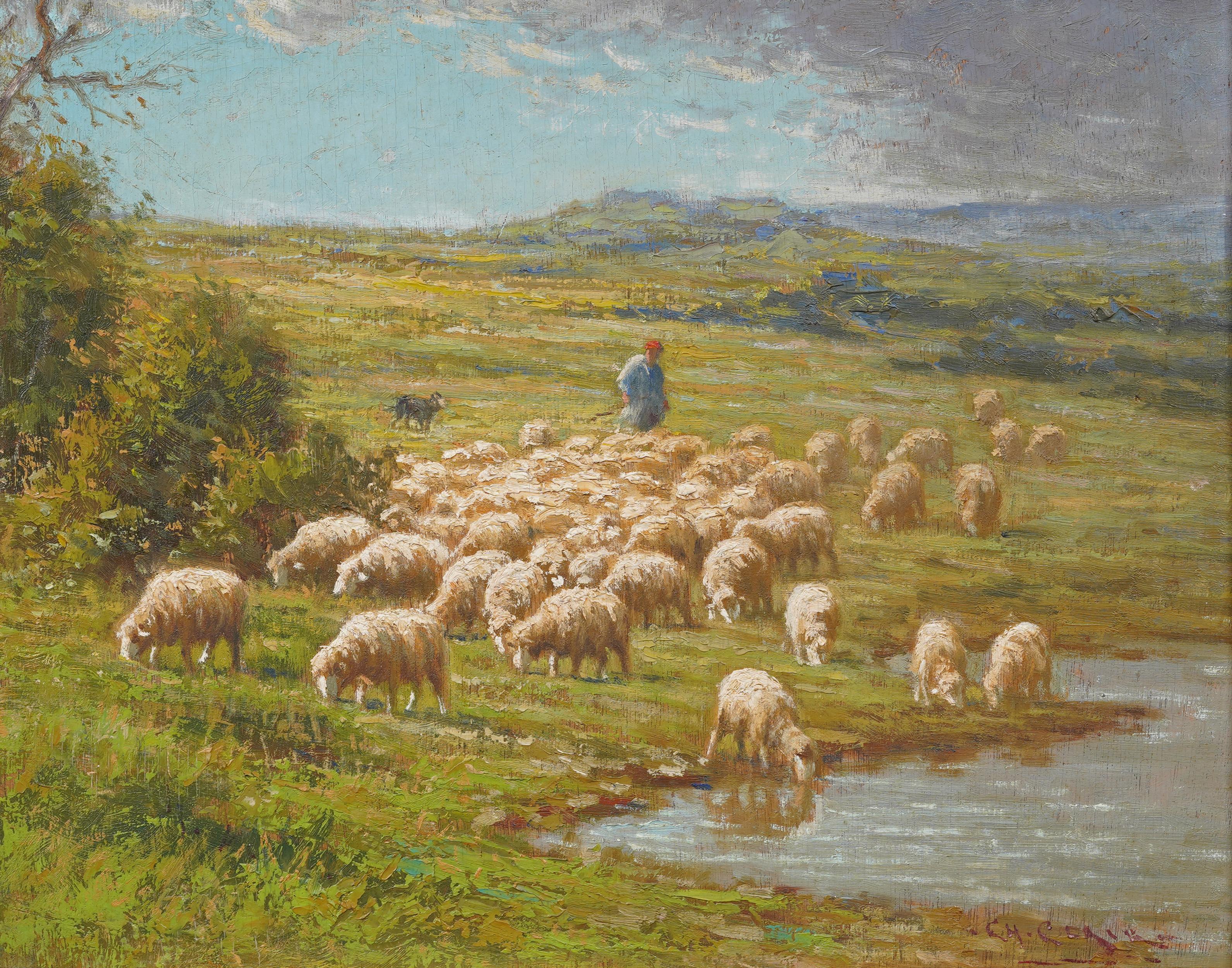 Antique French Impressionist Barbizon School Sheep Grazing Landscape Painting 2