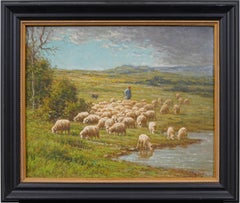 Antique French Impressionist Barbizon School Sheep Grazing Landscape Painting