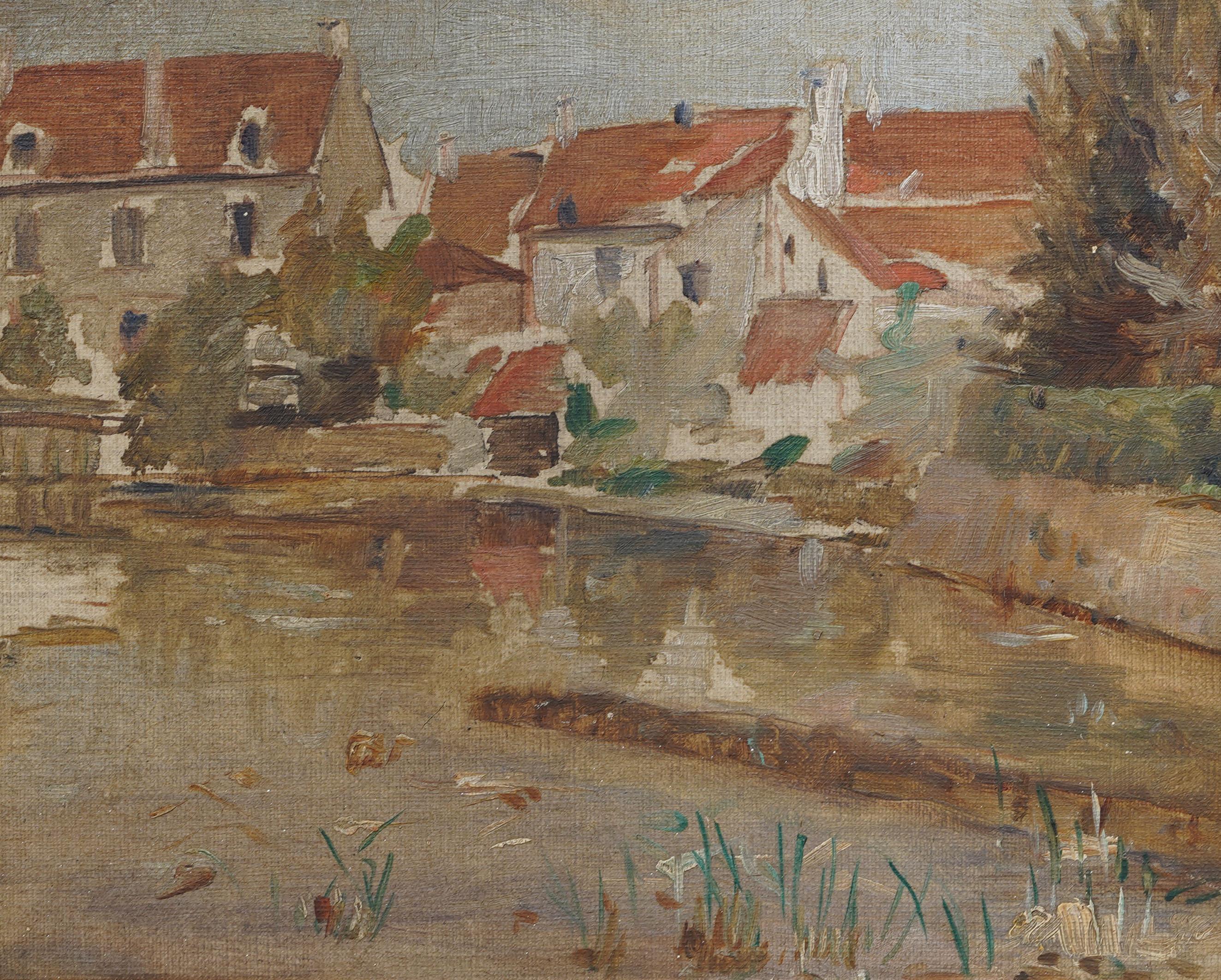 Antique French Impressionist Paesaggio costiero incorniciato Pittura ad olio originale - Abstract Painting Marrone di Unknown