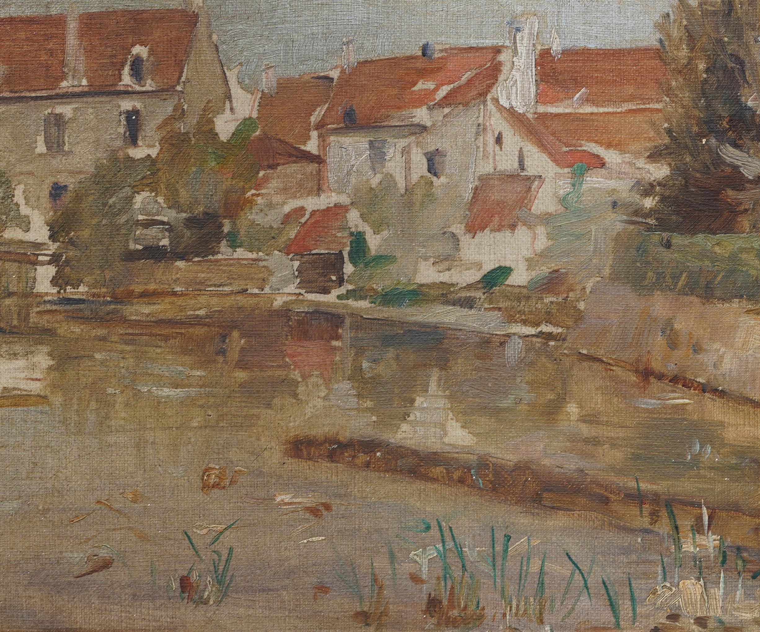 Antique French paesaggio dipinto a olio. Olio su tela. Incorniciato. Firmato sul retro.  Misure: 12 x 14 pollici in totale e 9 x 11 solo per il dipinto.  In eccellenti condizioni originali. Incorniciato in una splendida cornice di  modanature in
