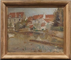 Antique French Impressionist Landscape Coastal Original Oil Painting encadré