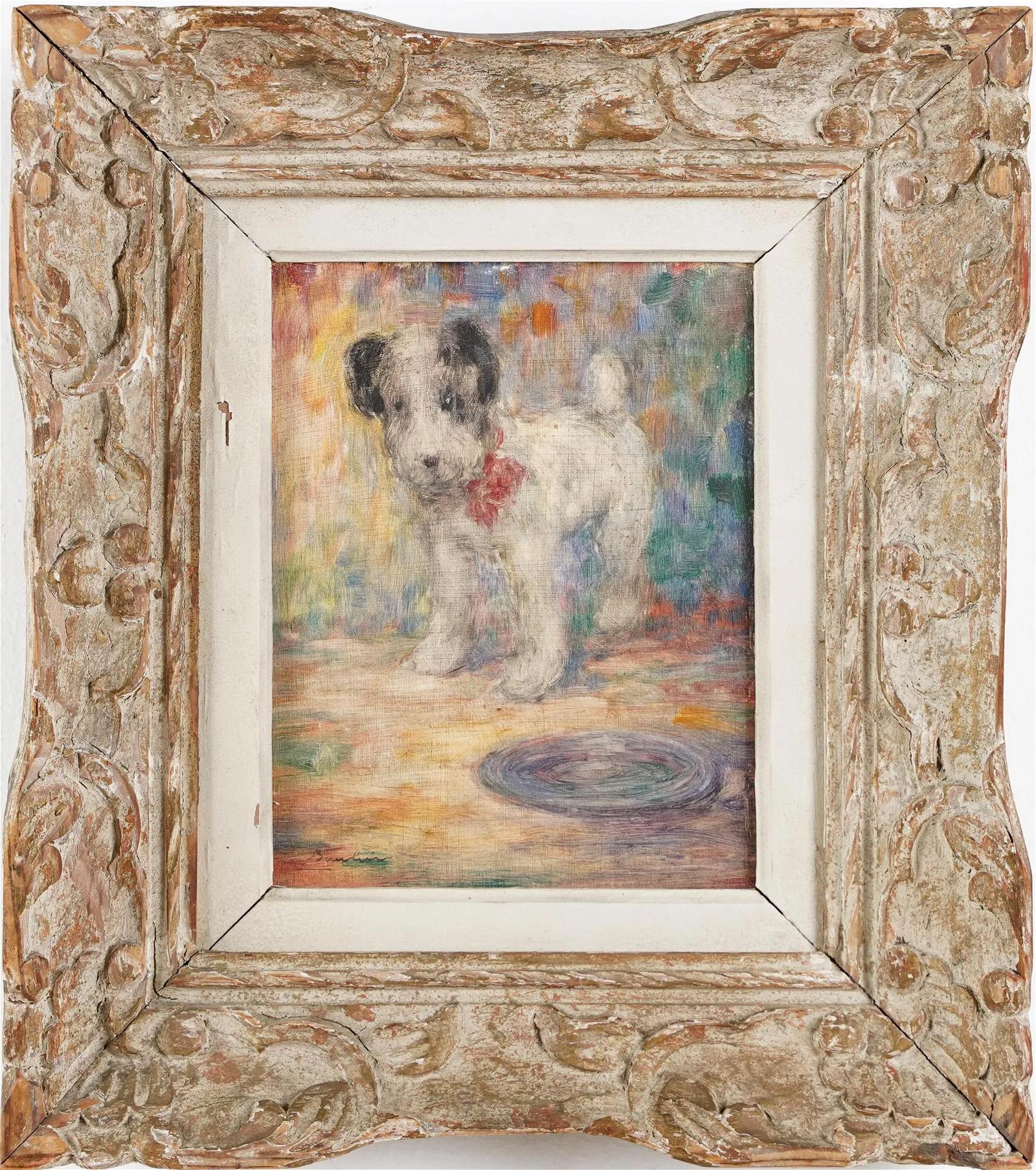 Antique French Impressionist Framed Signed Puppy Dog Portrait Oil Painting - Brown Animal Painting by Unknown