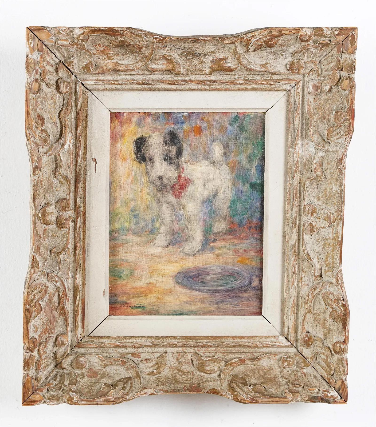Really nice early French impressionist puppy portrait.  Great colors.  Signed illegibly.  Housed in a period impressionist frame.  Oil on board.  Framed. Signed.
