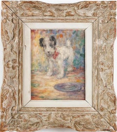 Antique French Impressionist Framed Signed Puppy Dog Portrait Oil Painting