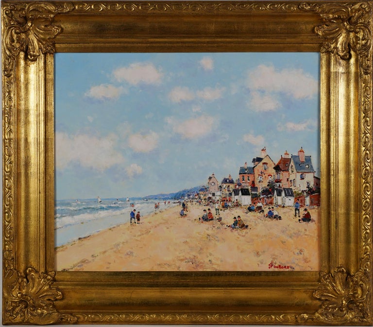 Antique French Impressionist Giltwood Frame Coastal Beach Signed Oil Painting - Brown Abstract Painting by Unknown