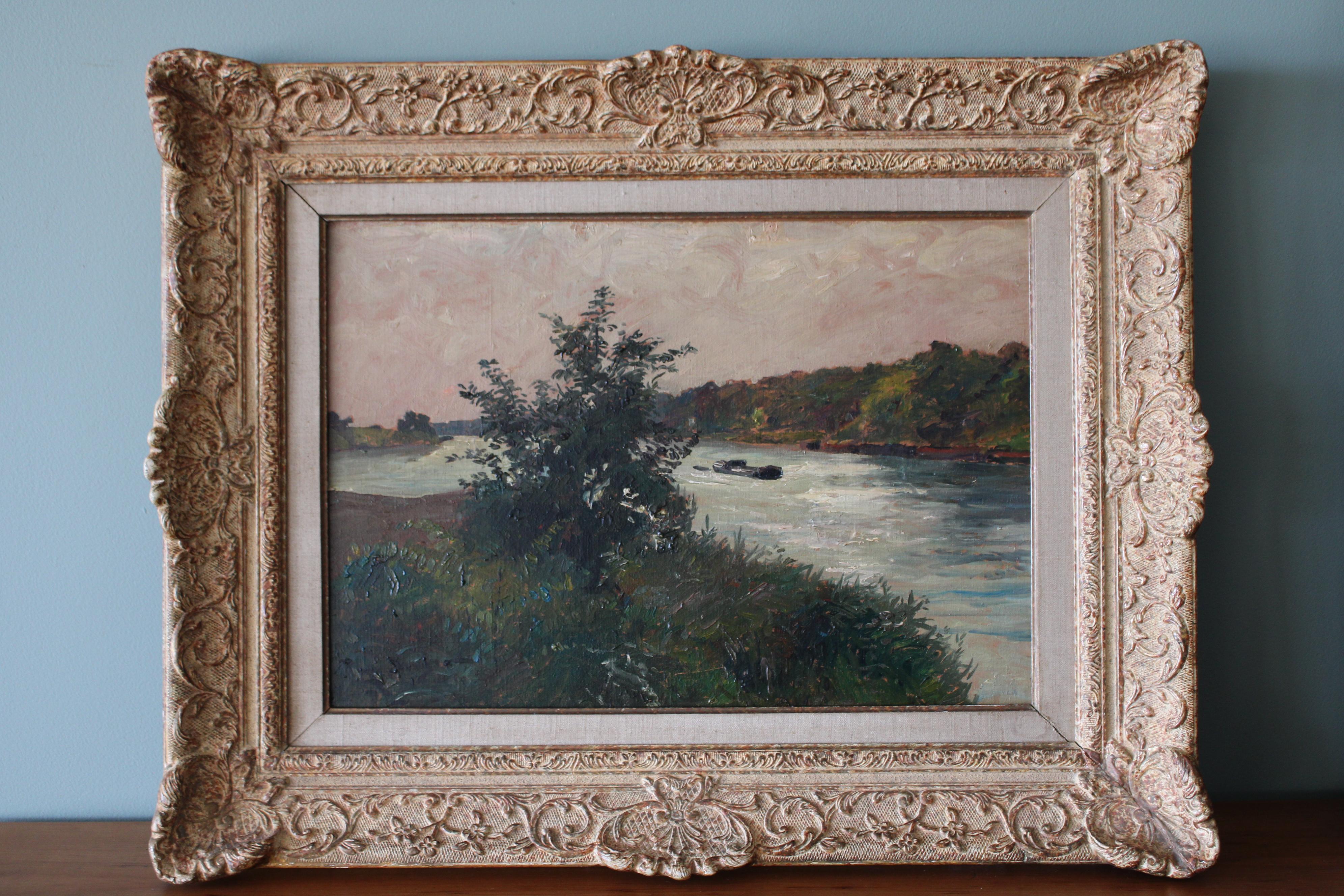 Antique French Impressionist landscape oil painting, riverscape with boat - Painting by Unknown