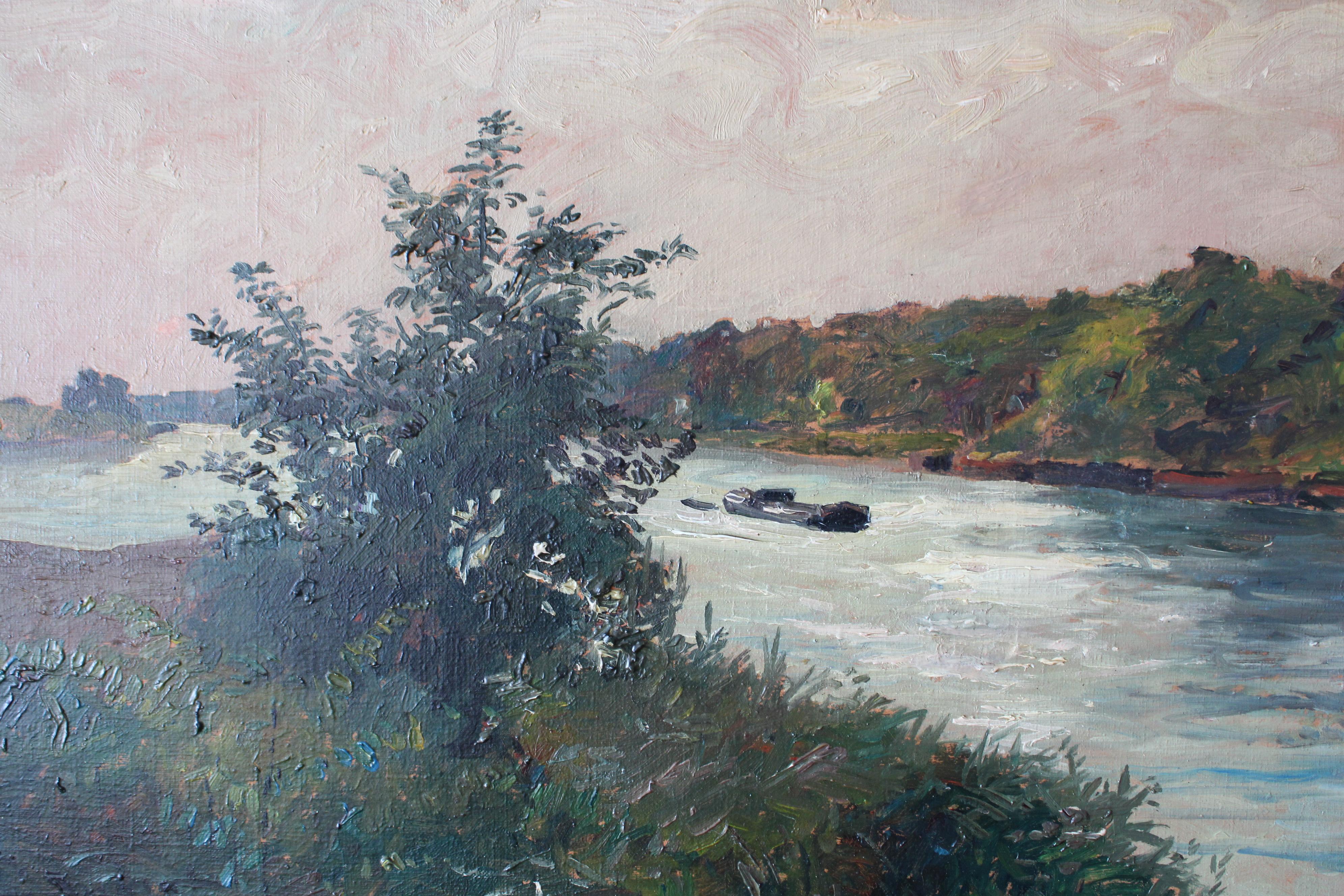 Antique French Impressionist landscape oil painting, riverscape with boat For Sale 2