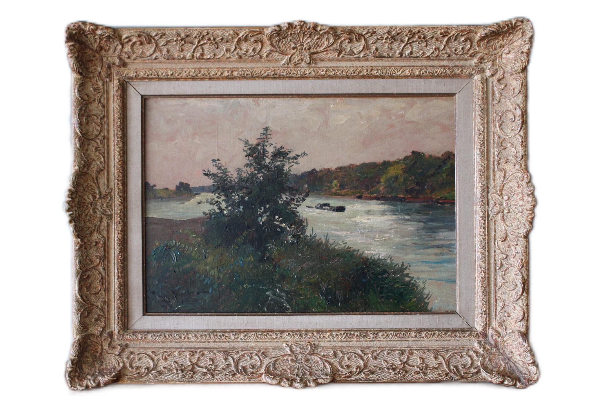 Unknown Landscape Painting - Antique French Impressionist landscape oil painting, riverscape with boat