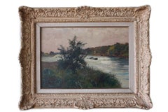 Antique French Impressionist landscape oil painting, riverscape with boat