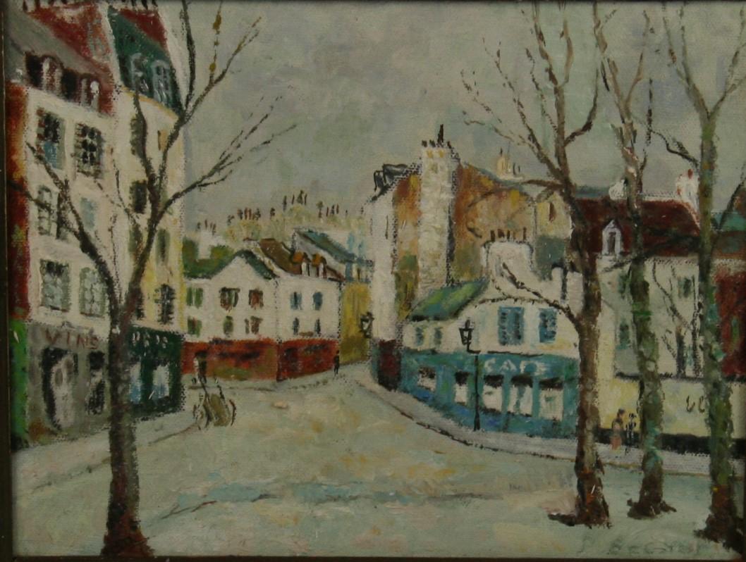 Landscape Painting de Unknown - Antique French Pintura al Óleo Impresionista Paisaje Calles de París 1940
