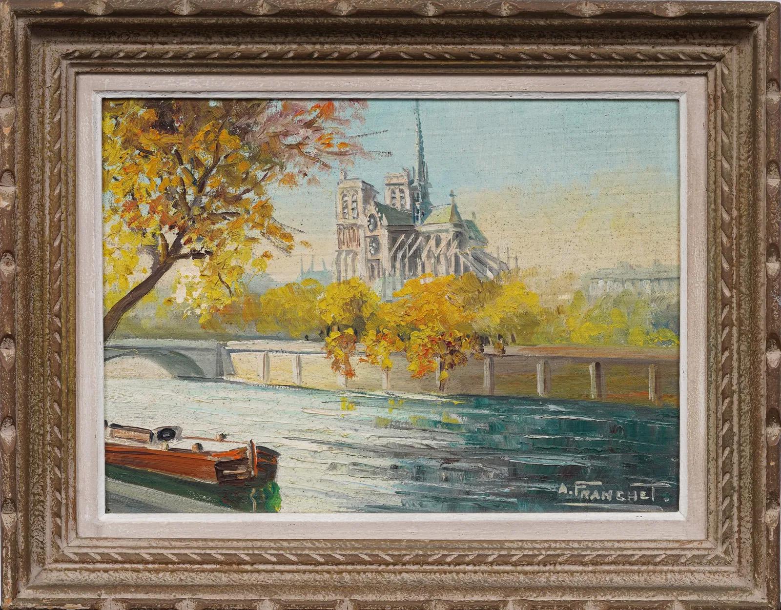 Antique French Impressionist Notre Dame Paris View Seine River Oil Painting (Pittura a olio) - Landscape Painting Marrone di Unknown