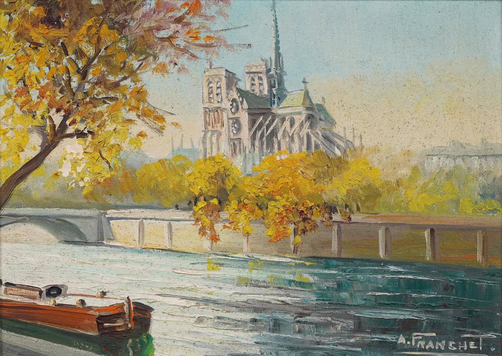 Antico dipinto a olio francese di Andre Franchet (1896 - 1961). Olio su tela. Firmato. Incorniciato. Misura 13 x 17 pollici in totale e 9,5 x 13 solo per la pittura. 