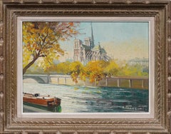 Antique French Impressionist Notre Dame Paris View Seine River Oil Painting (Pittura a olio)