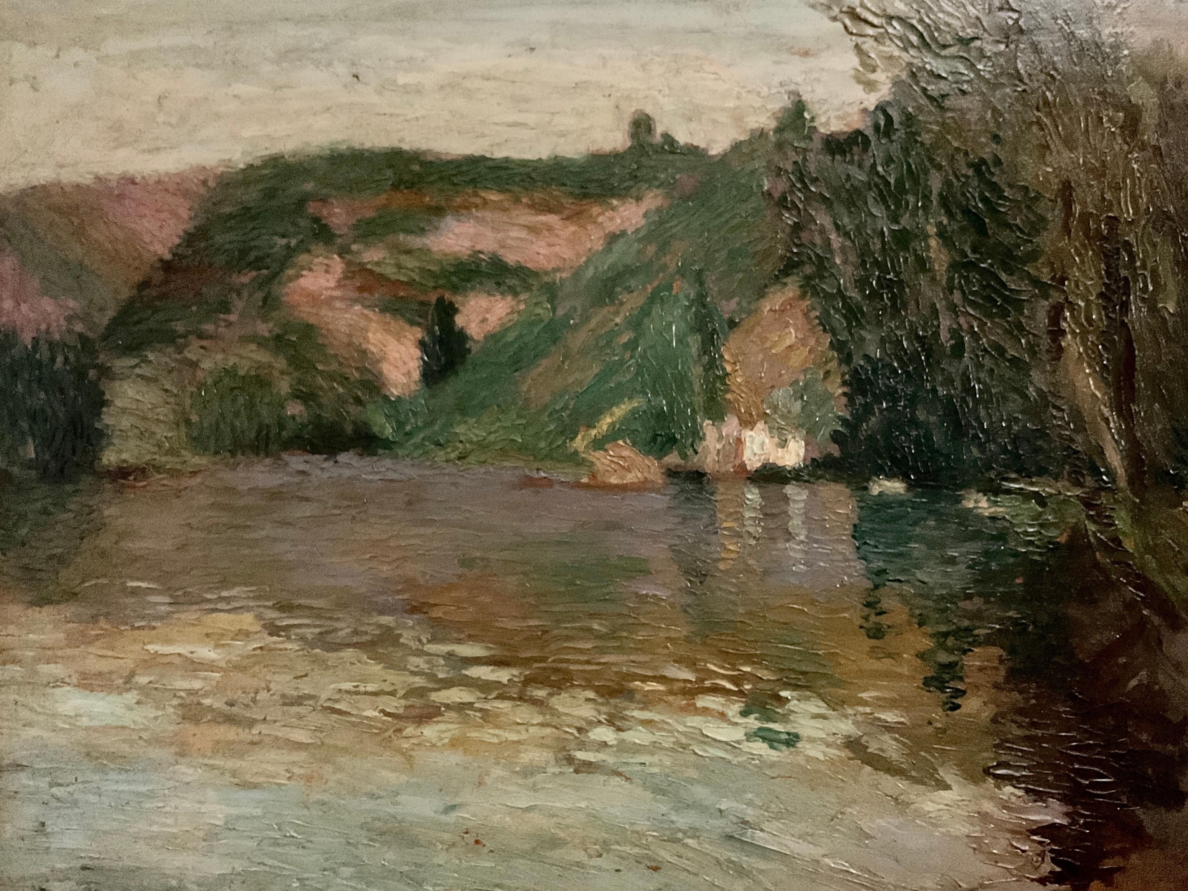 This beautiful French impressionist painting on wood panel is a lake or river scene most likely in the south of France. The dappled reflections in the water are pure impressionist in style. The colors and brushstrokes are also typical of the early