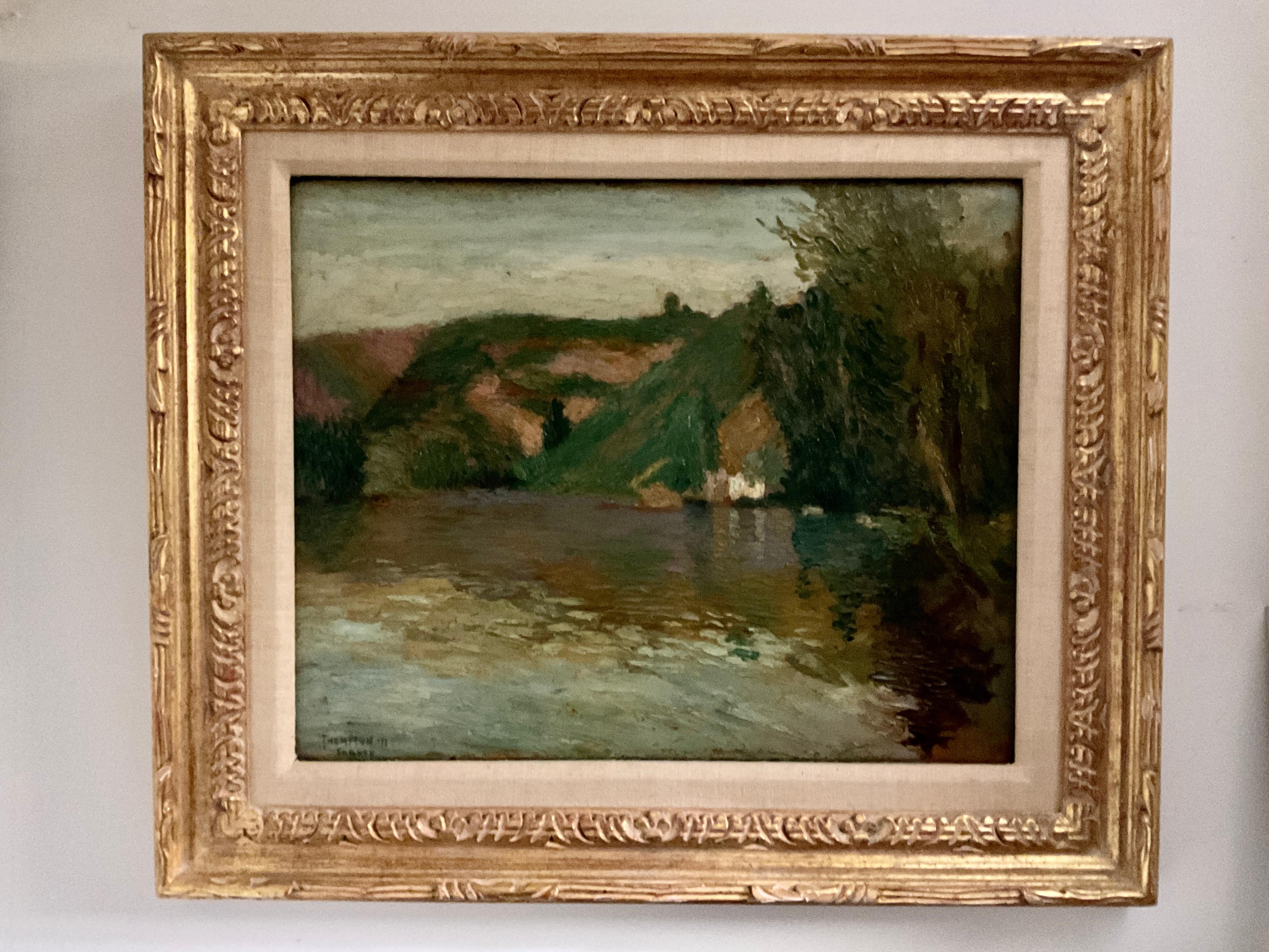 Landscape Painting Unknown - Ancienne peinture à l'huile impressionniste française, signée Thompson et datée de 1911