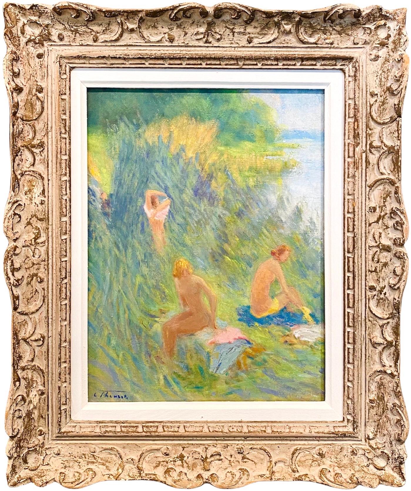 Unknown Landscape Painting - Antique French Post impressionist painting - Les baigneuses - Group Manet Nude