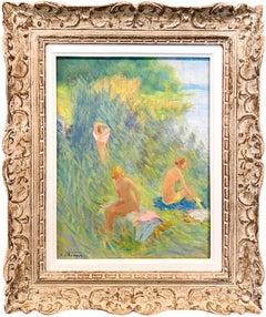 Antique French Post impressionist painting - Les baigneuses - Group Manet Nude