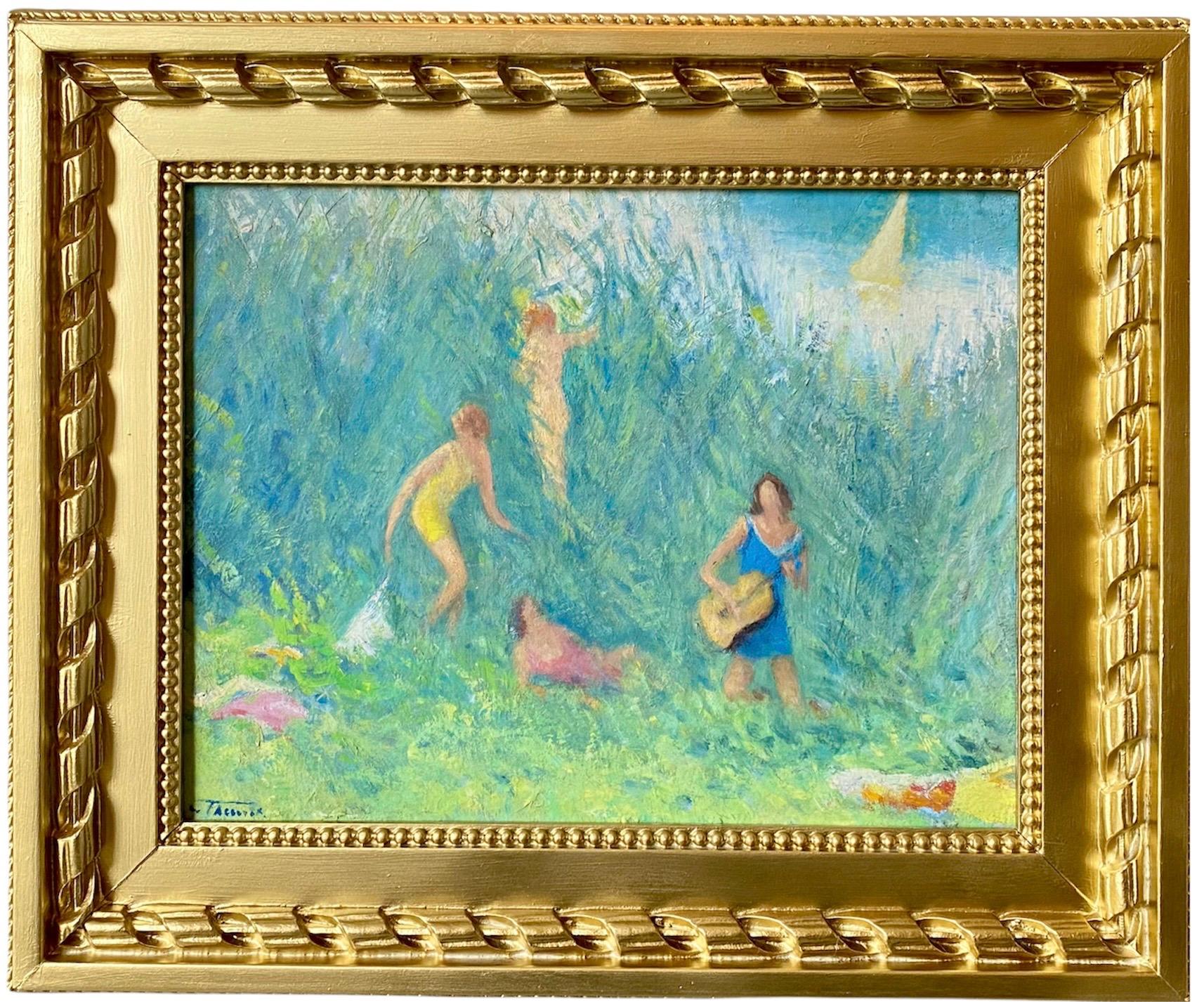 Unknown Figurative Painting - Vibrant French Post impressionist painting - Les baigneuses - Group Manet Nude