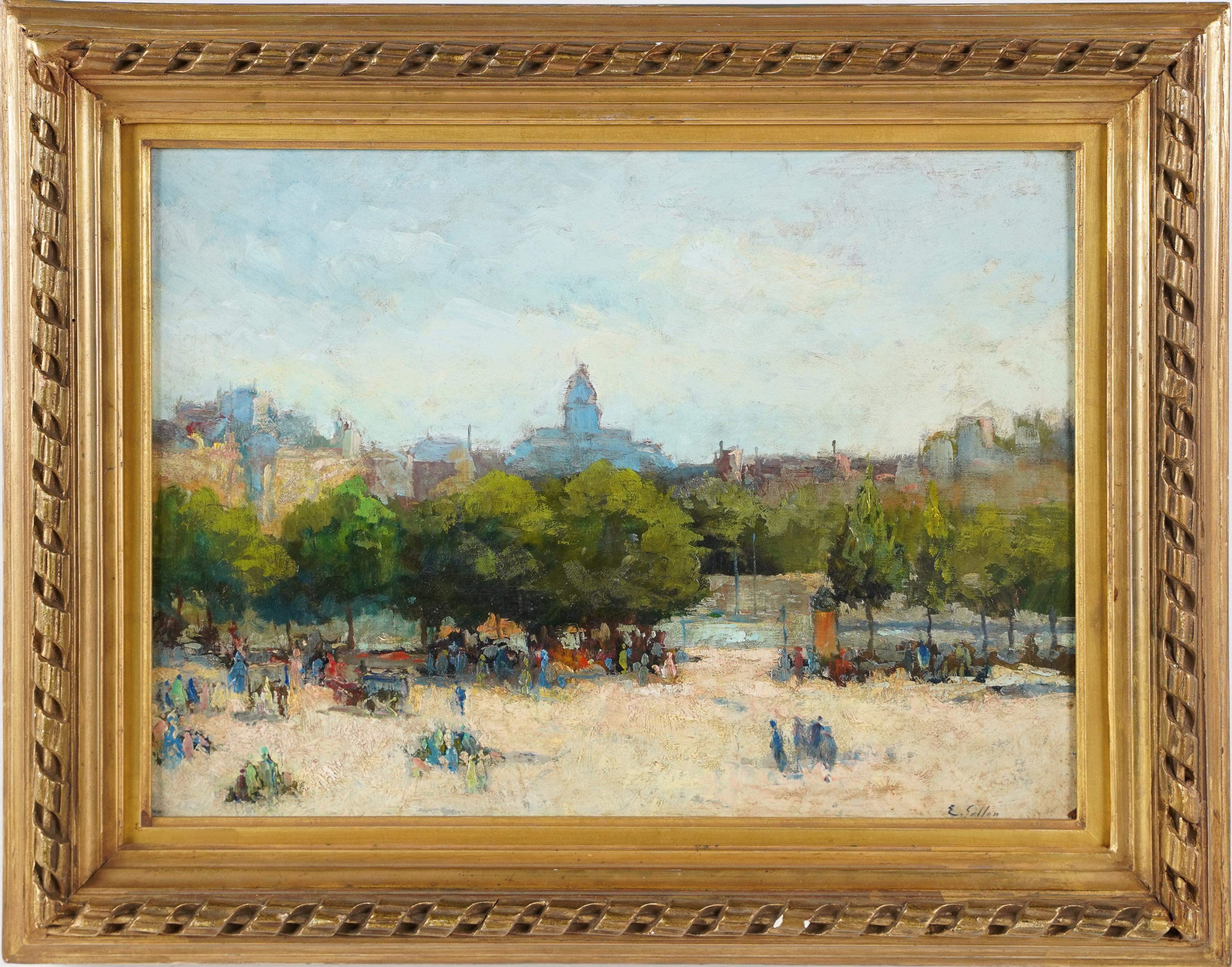 Antique French Impressionist Paris Park Signed Landscape Framed Oil Painting - Brown Landscape Painting by Unknown