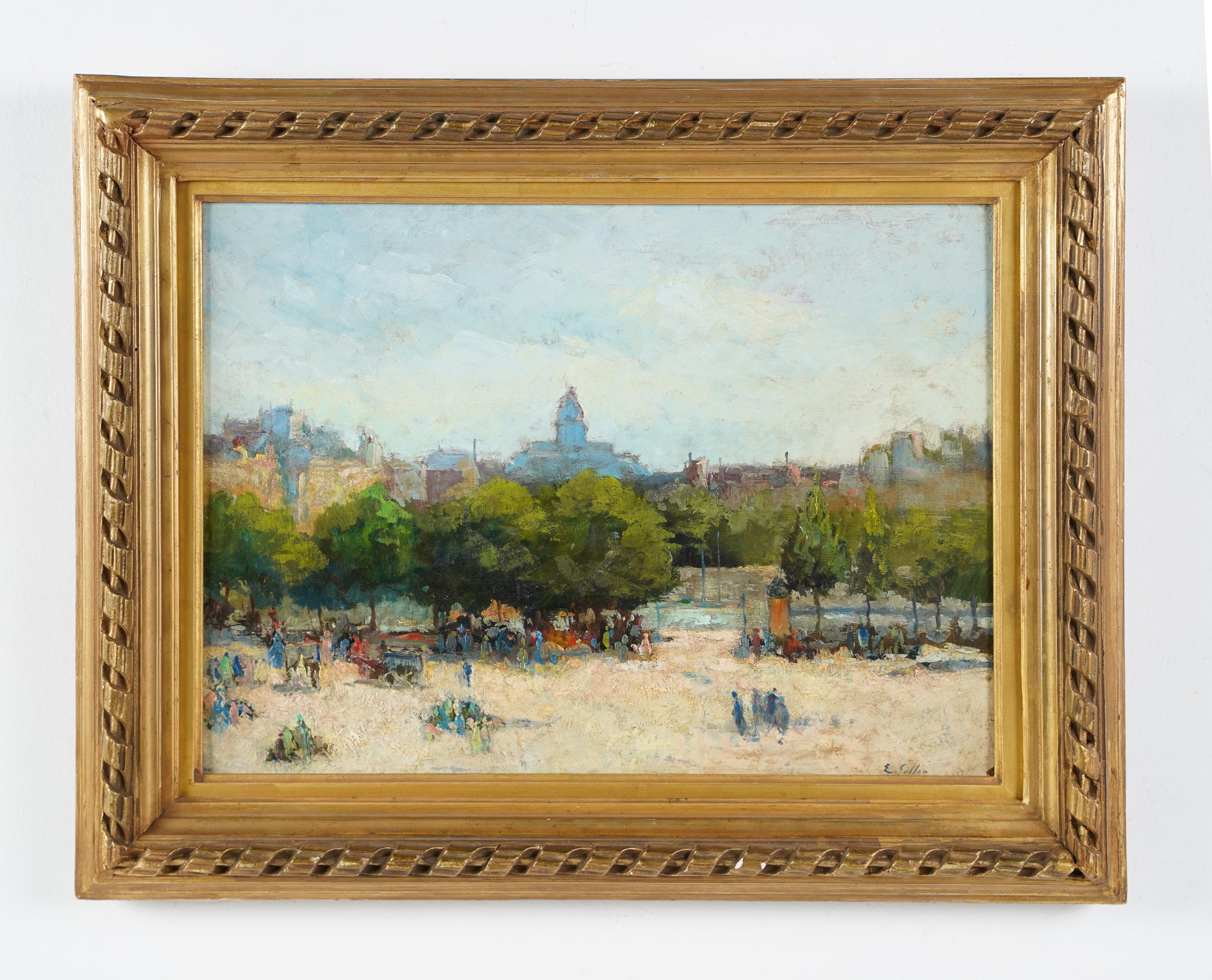 Antique French impressionist signed landscape oil painting.  Oil on board.  Signed.  Framed.  Image size, 15.5L x 11.5H.
