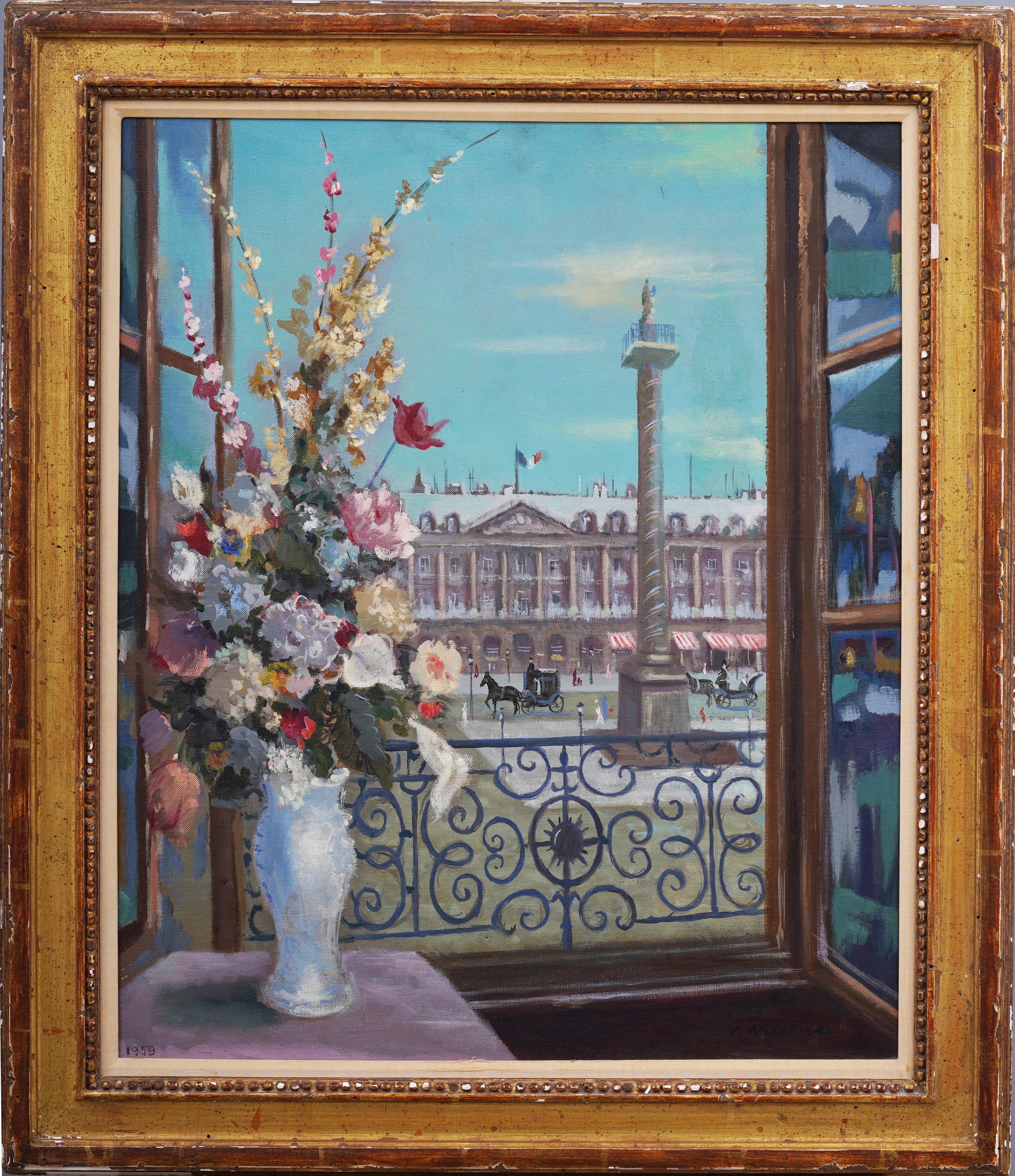 Very impressive French impressionist street scene thru a flower bouquet and window.  Very nicely painted with great color and thick impasto.  Housed in a giltwood impressionist frame.  Image size, 22H x 18L.