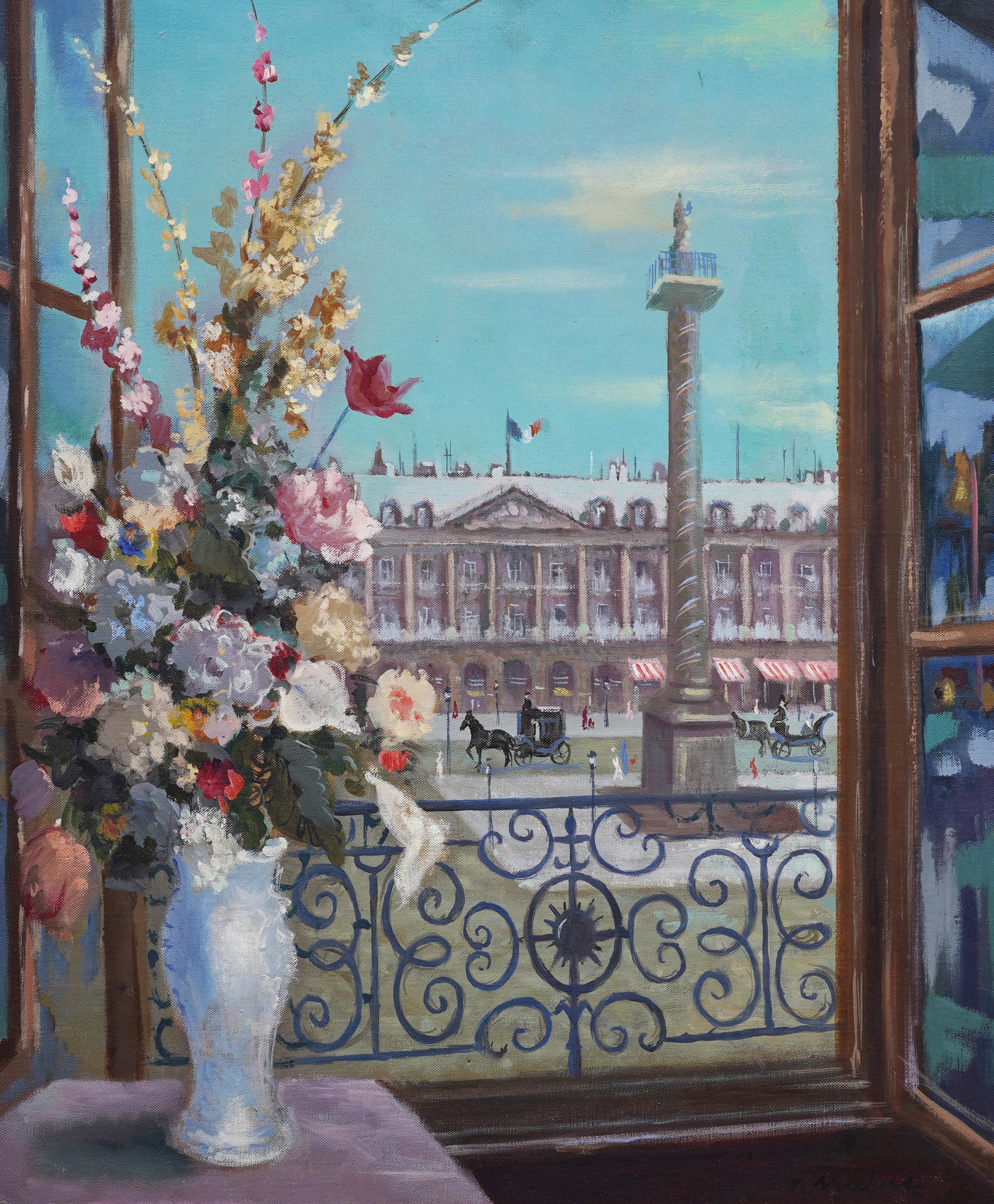 Antique French Impressionist Paris Street Scene Framed Flower Window Painting 1
