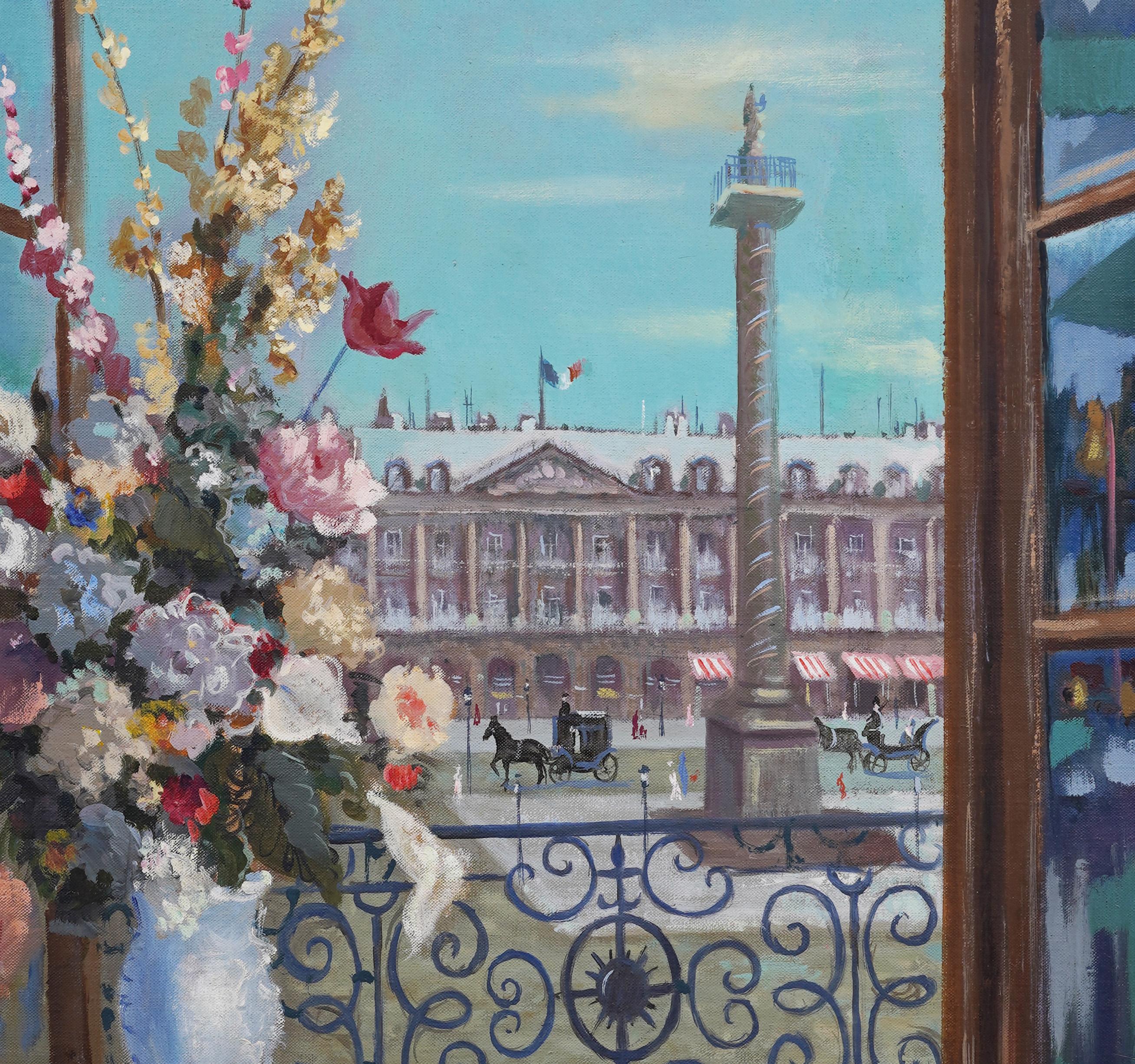 Très impressionnante scène de rue impressionniste française à travers un bouquet de fleurs et une fenêtre.  Très belle peinture avec de belles couleurs et un empâtement épais.  Dans un cadre impressionniste en bois doré.  Taille de l'image : 22H x