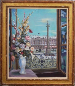 Ancienne peinture de fenêtre de style impressionniste français représentant une scène de rue de Paris encadrée