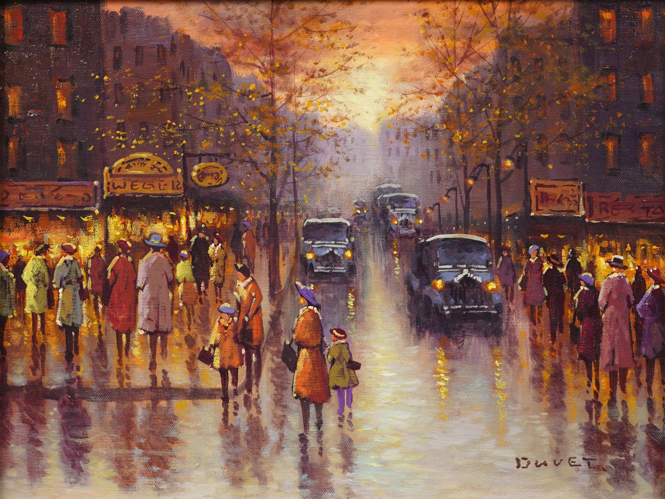 Antique French impressionist paris cityscape street scene oil painting.  Framed.  Oil on canvas.  Signed.  Image size, 12H by 16L.