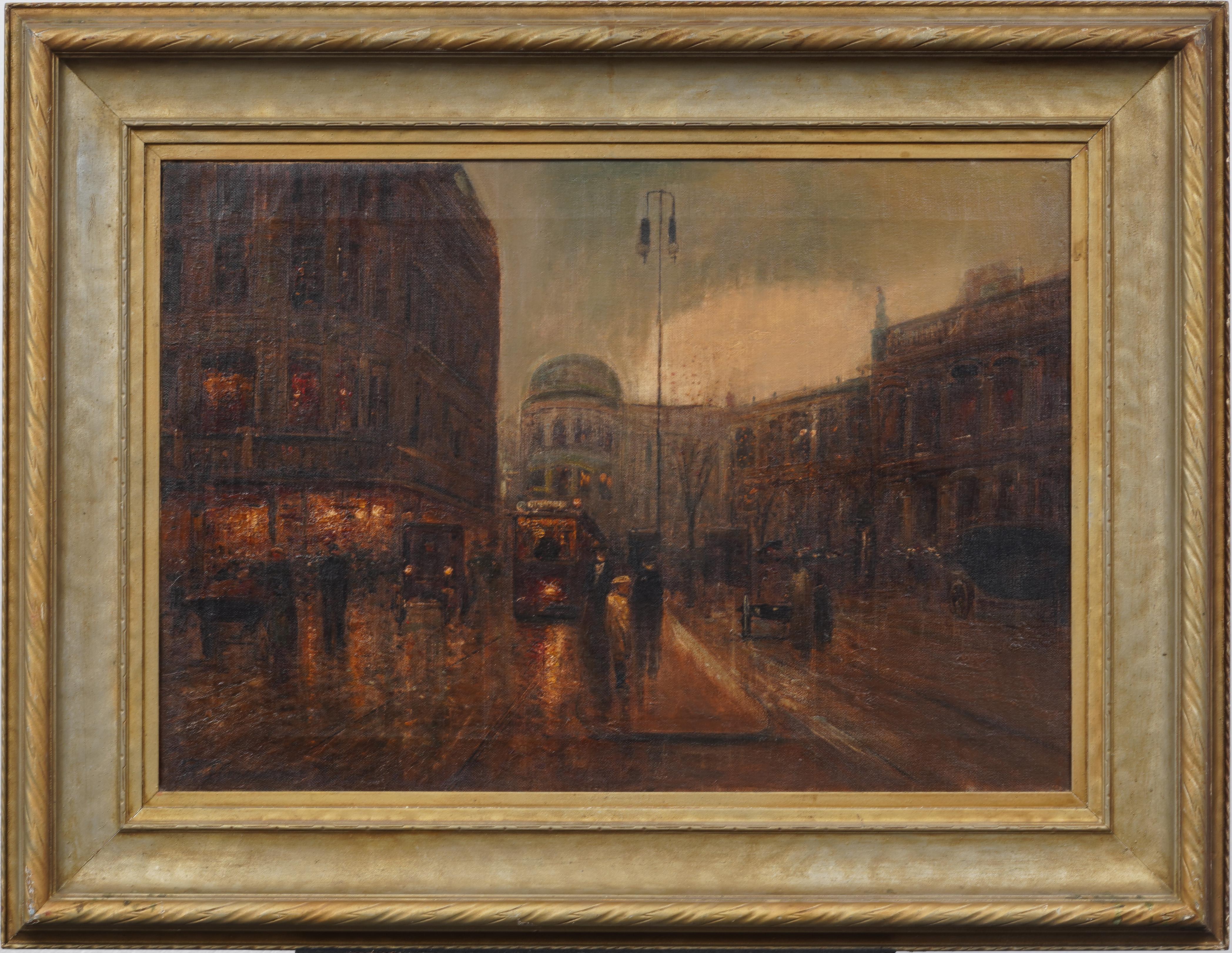 Antique French Impressionist Paris Street Scene Cuadro firmado y bien enmarcado - Painting de Unknown