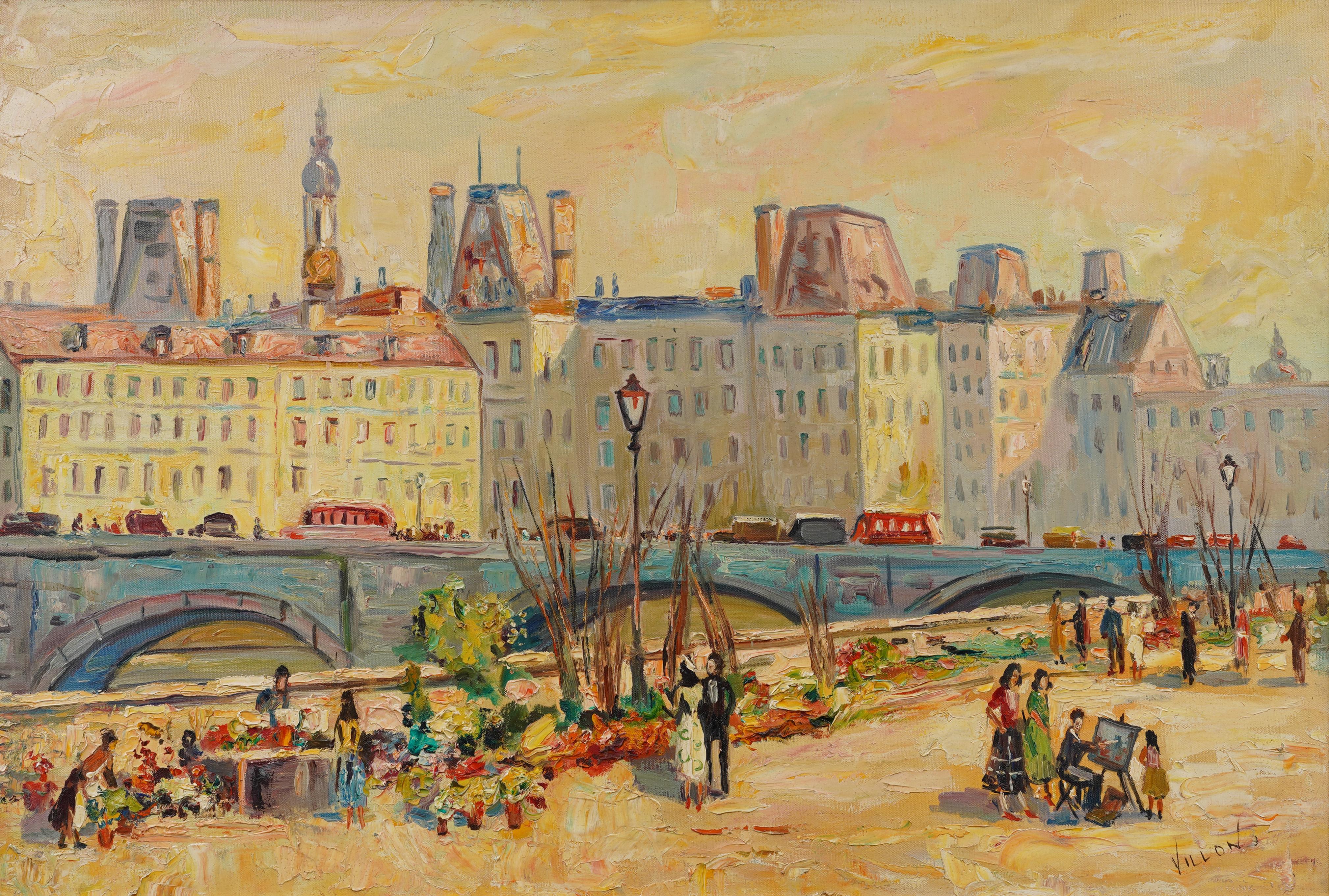Antique French Impressionist Paris Street Scene Signed Villon Rare Oil Painting 1