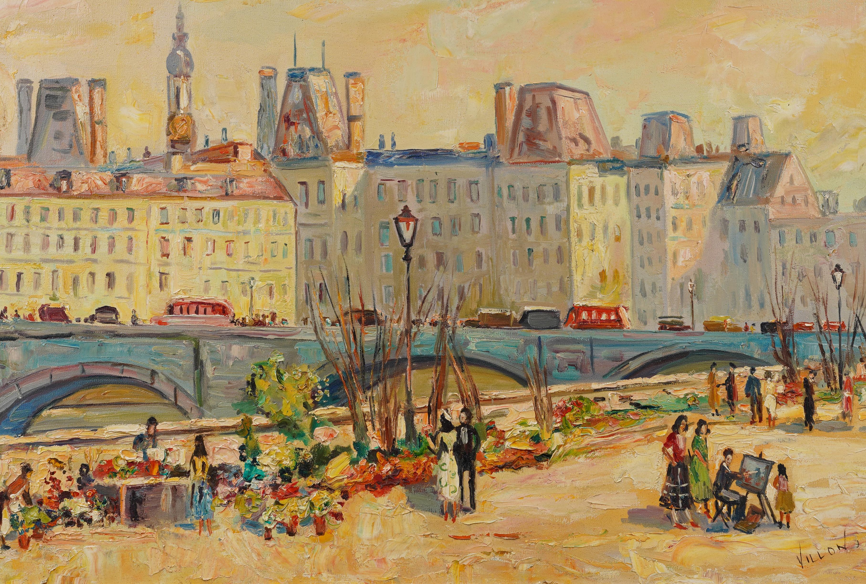 Antique French Impressionist Paris Street Scene Signed Villon Rare Oil Painting 2