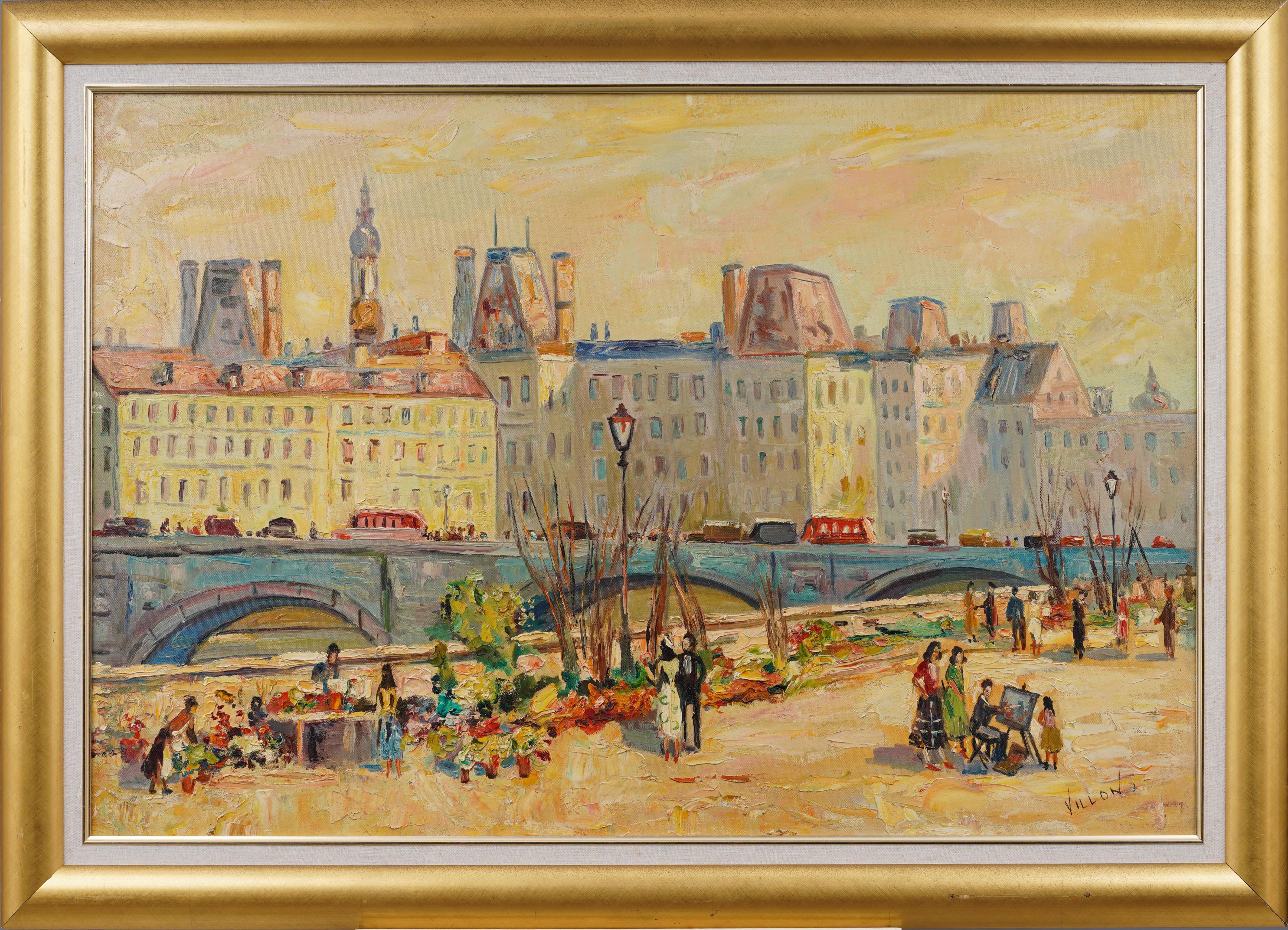 Unknown Landscape Painting - Antique French Impressionist Paris Street Scene Signed Villon Rare Oil Painting