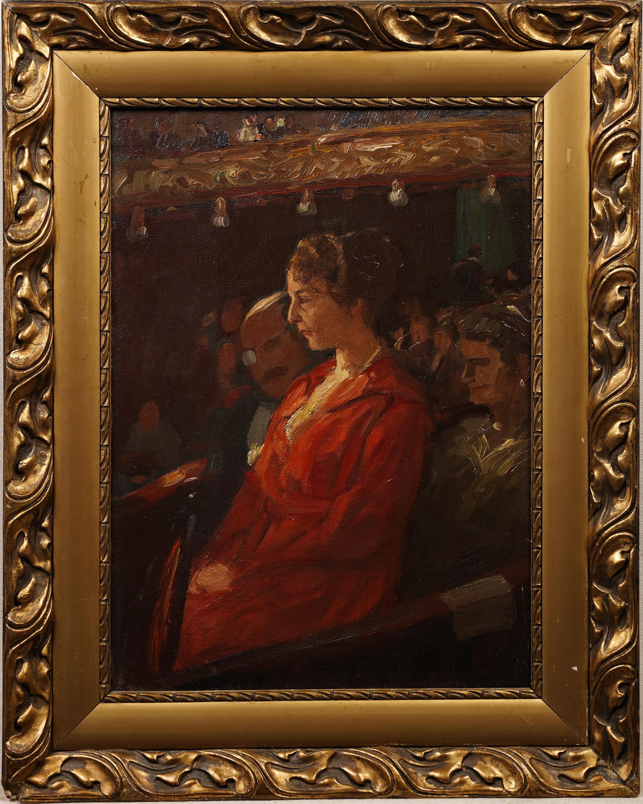 Ancienne peinture à l'huile impressionniste française représentant une scène d'opéra encadrée à l'intérieur