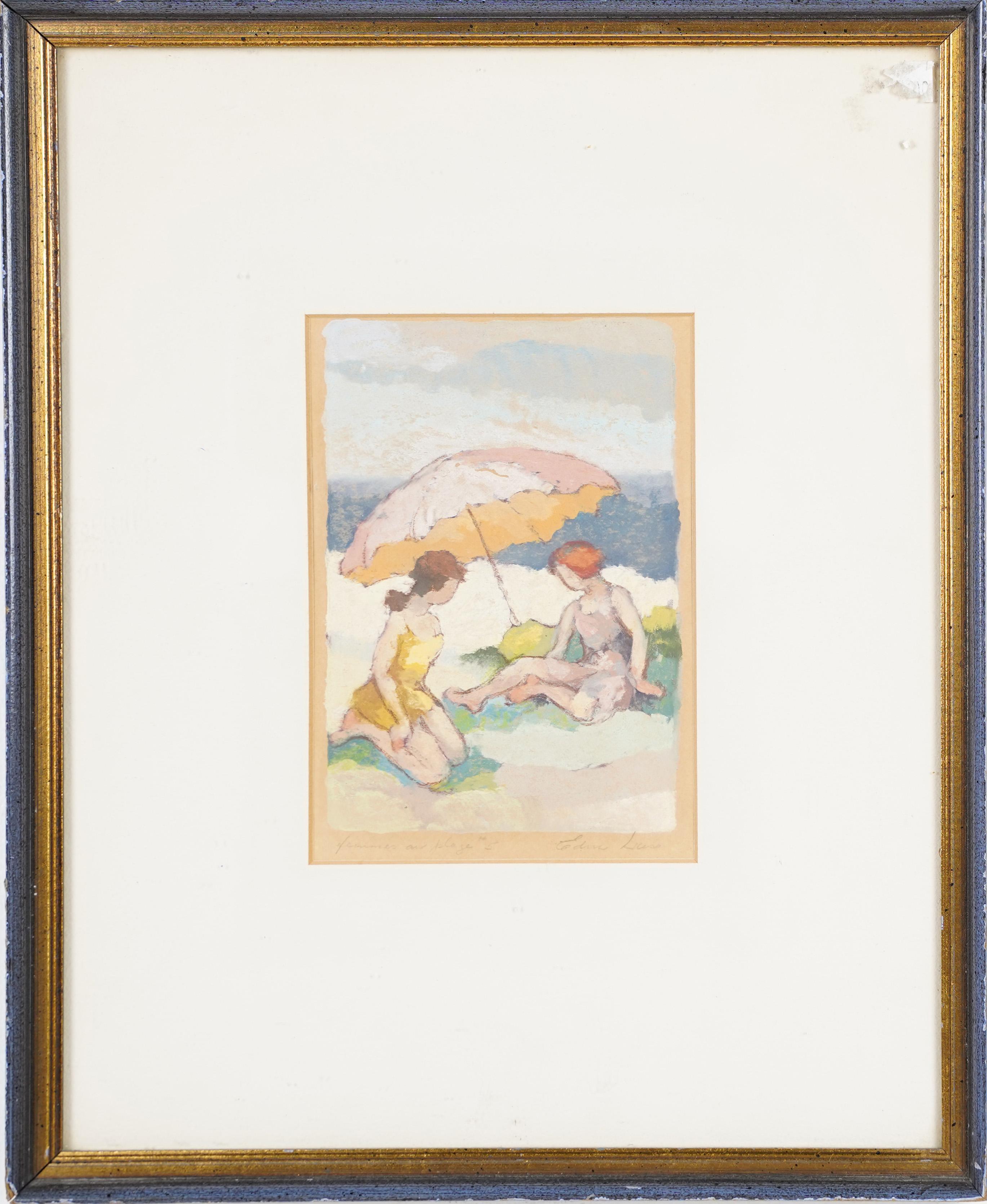 Antique French impressionist signed beach scene.  Gouache and oil on paper.  Signed.  Framed.  Image size, 4.5L x 6.5H.