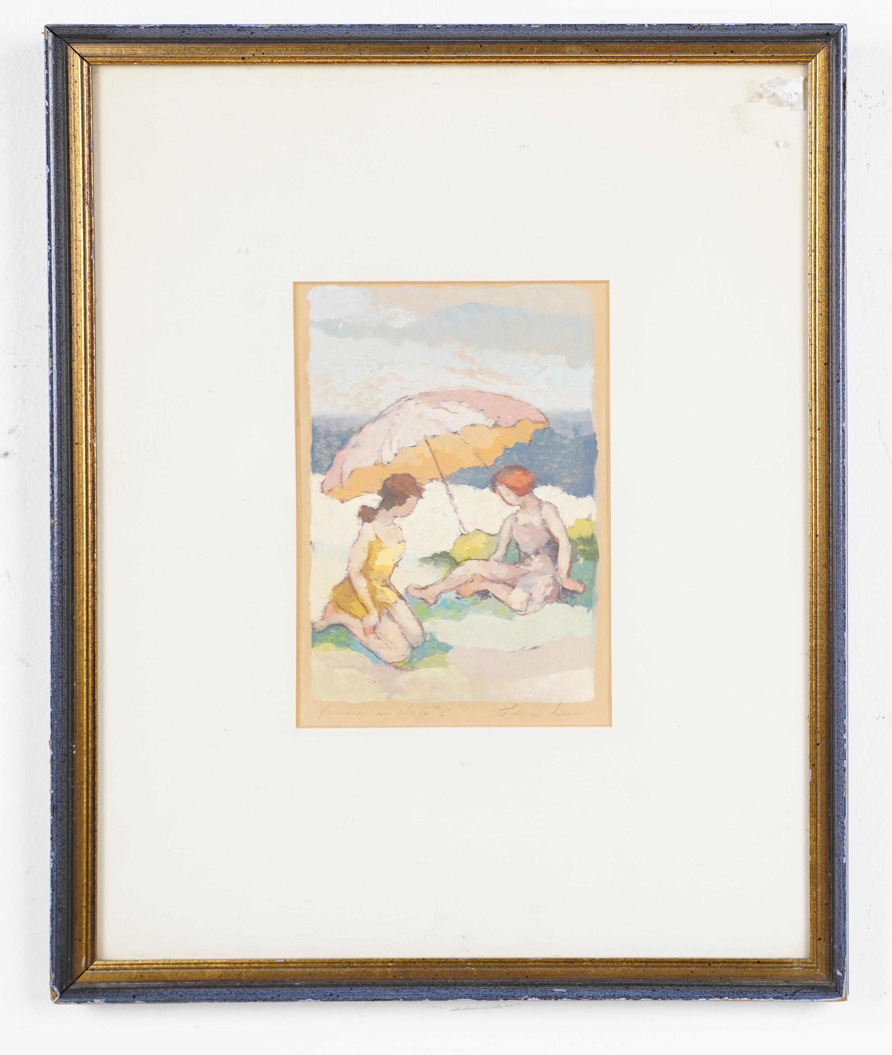 Antique French impressionist beach scene painting.  Gouache on board.  Nicely framed.  Image size, 4.5L x 6.5H.  Signed.
