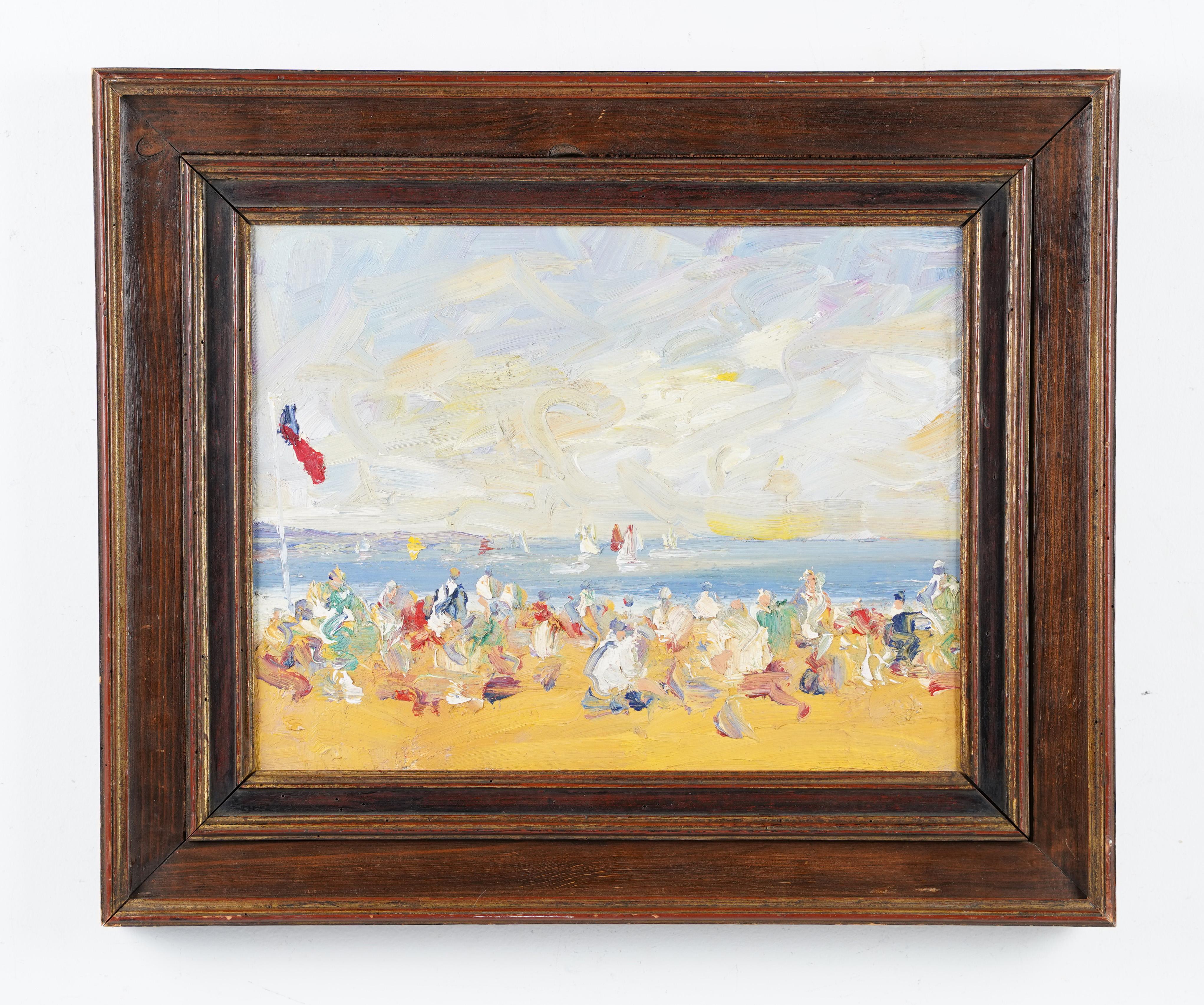 Antique French impressionist beach painting. Oil on board, circa 1950.  Housed in a vintage frame.   Image size, 15L x 12H. 
