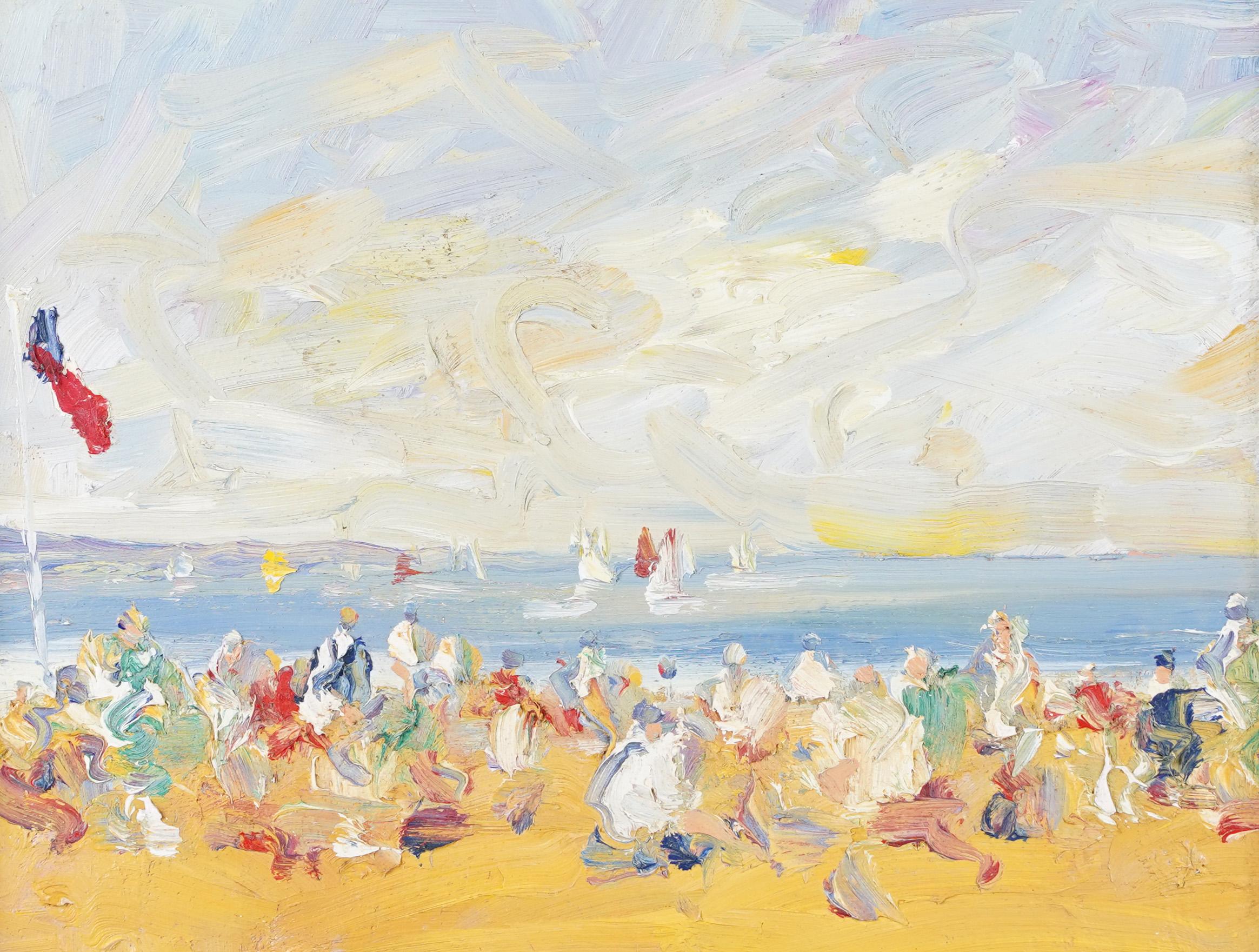 Antique French Impressionist Signed Beach Scene Thick Impasto Original Painting 1